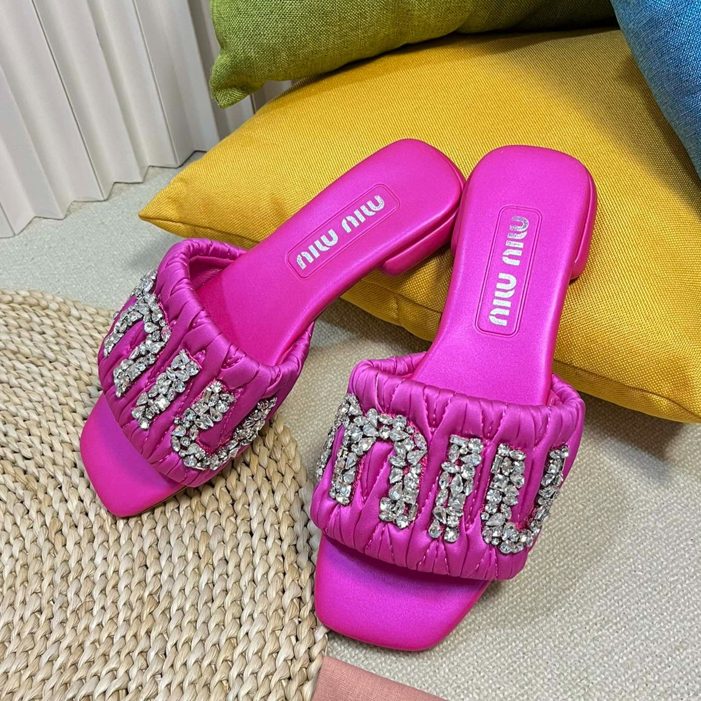 Women's Bright Pink Leather Diamond Slippers - 35