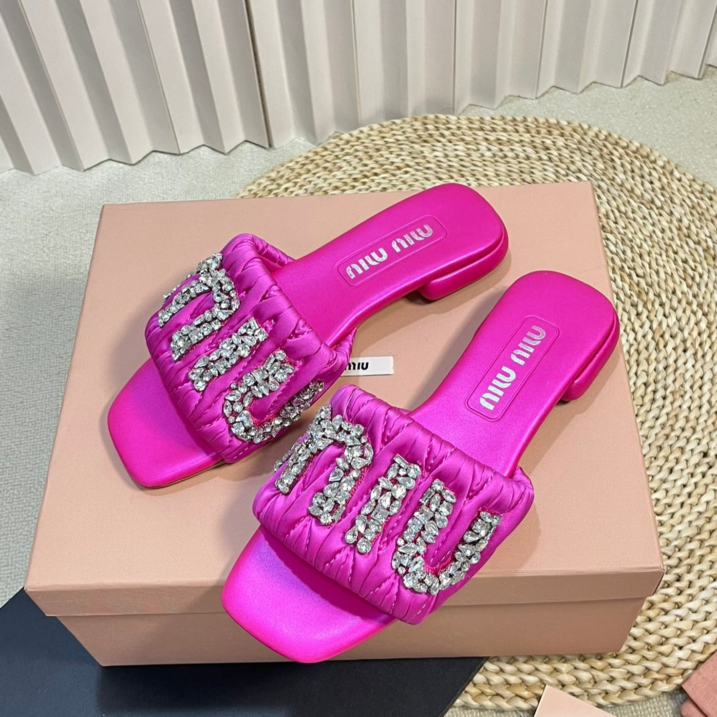 Women's Bright Pink Leather Diamond Slippers - 35
