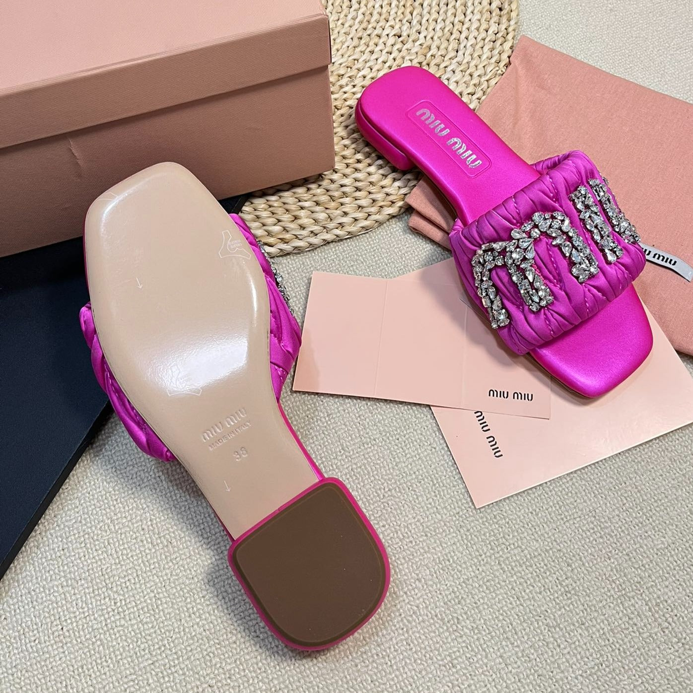 Women's Bright Pink Leather Diamond Slippers - 35
