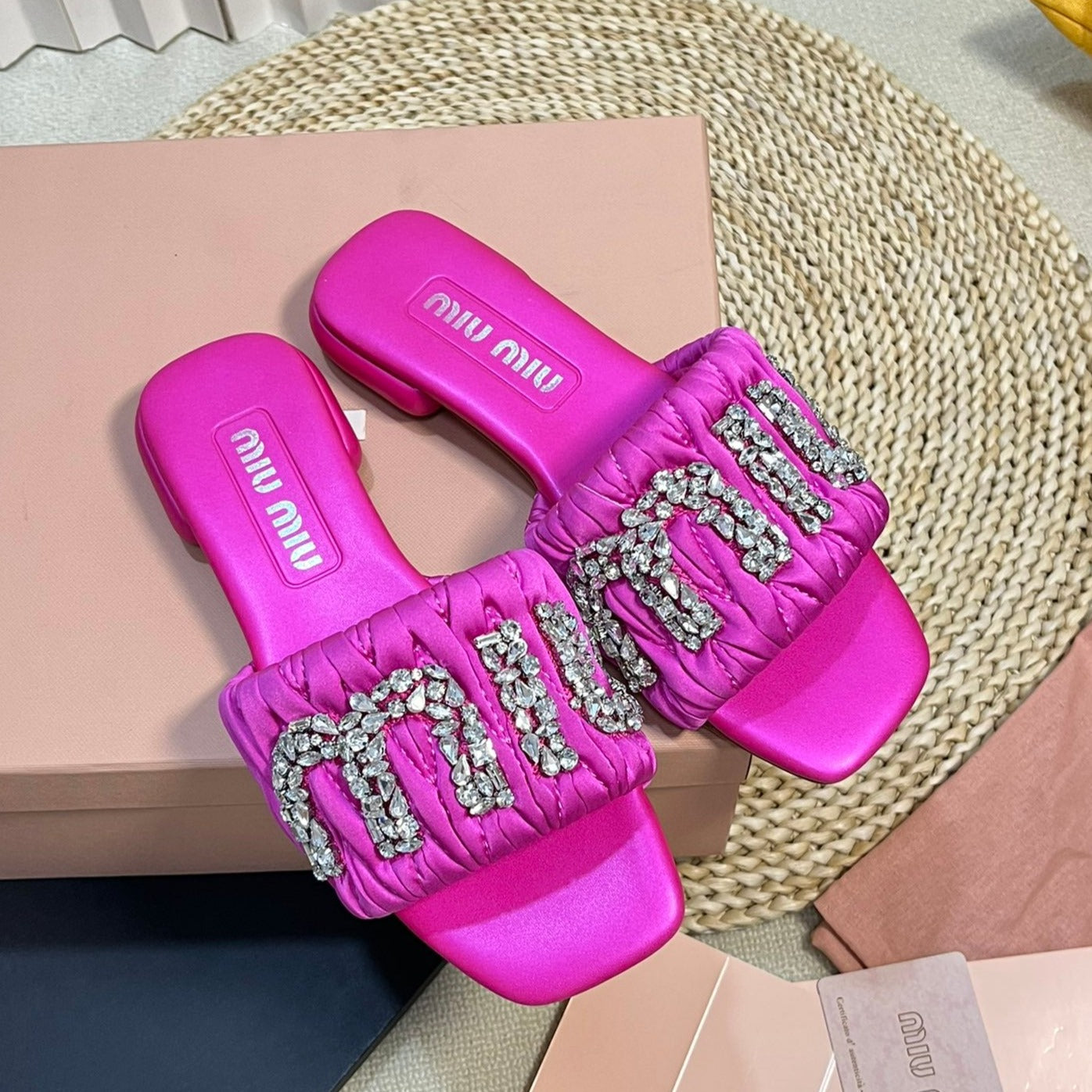 Women's Bright Pink Leather Diamond Slippers - 35