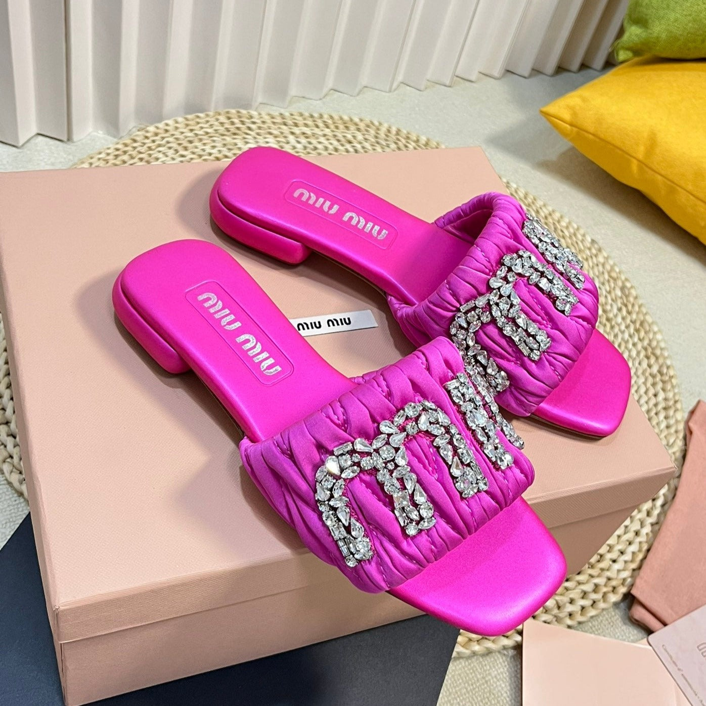 Women's Bright Pink Leather Diamond Slippers - 35