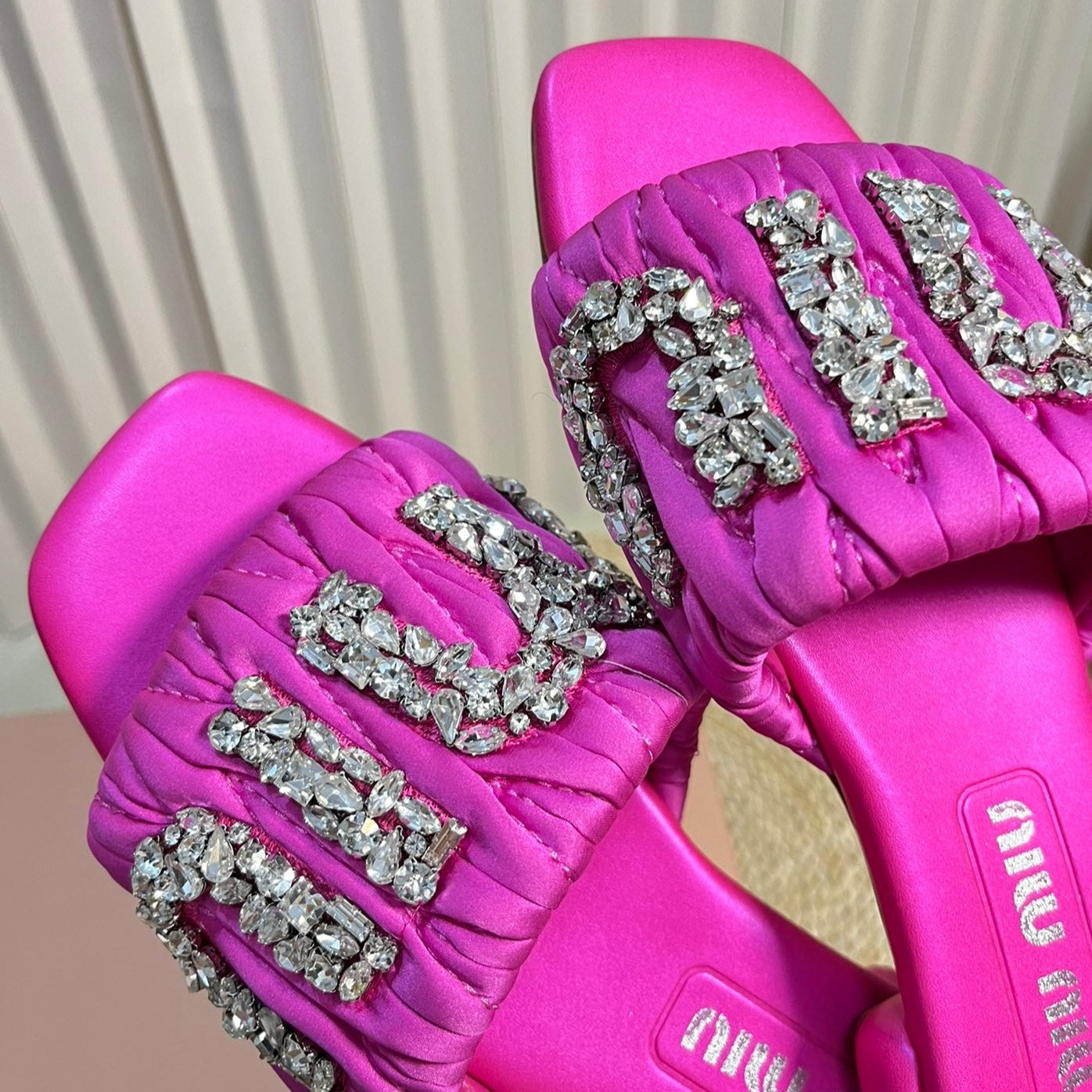 Women's Bright Pink Leather Diamond Slippers - 35