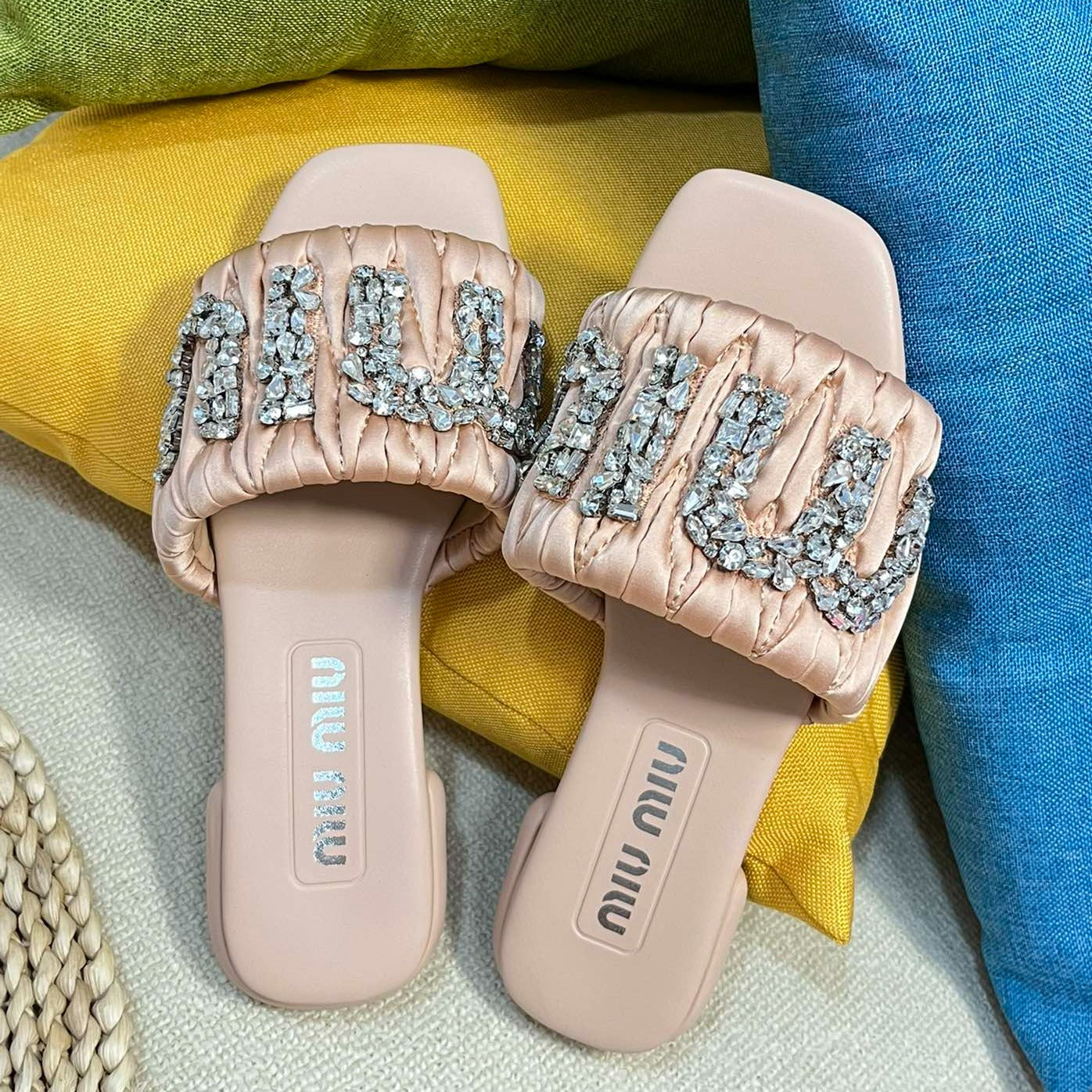 Women's Pastel Pink Leather Diamond Slippers - 35