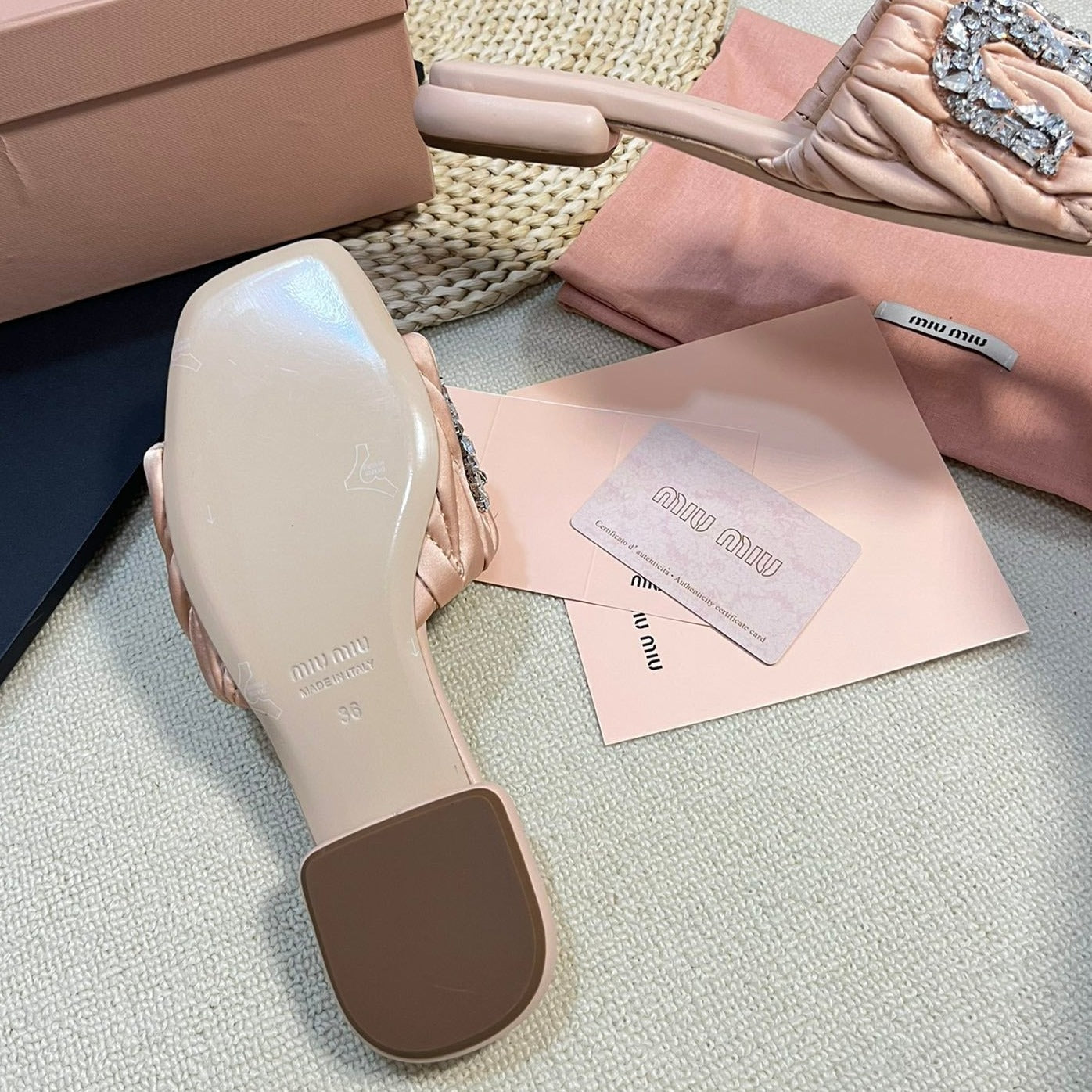 Women's Pastel Pink Leather Diamond Slippers - 35