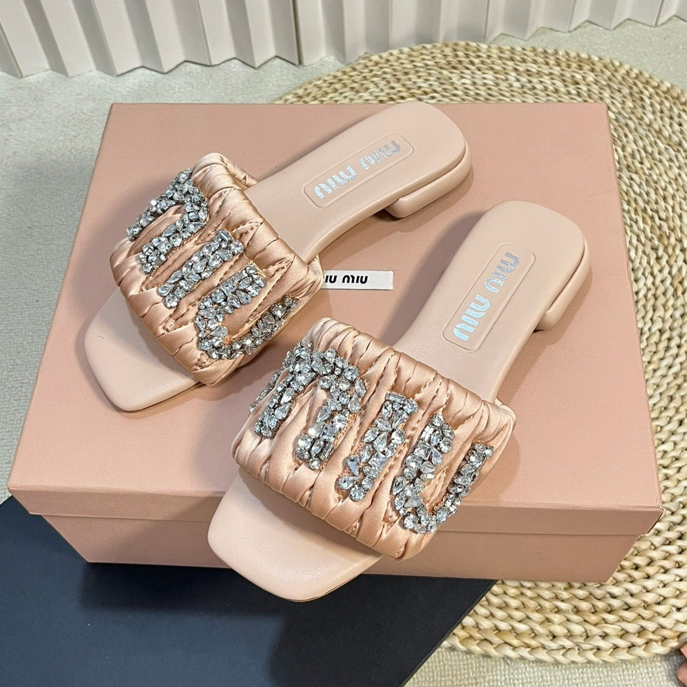 Women's Pastel Pink Leather Diamond Slippers - 35