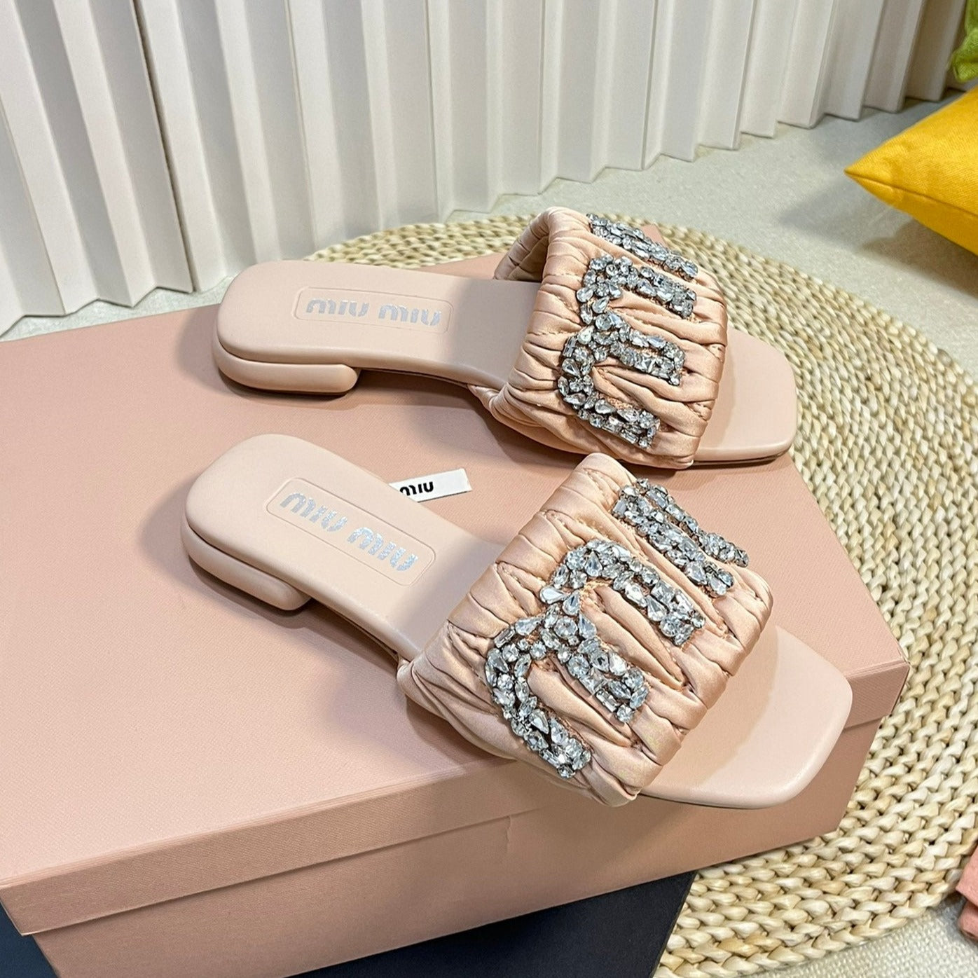Women's Pastel Pink Leather Diamond Slippers - 35