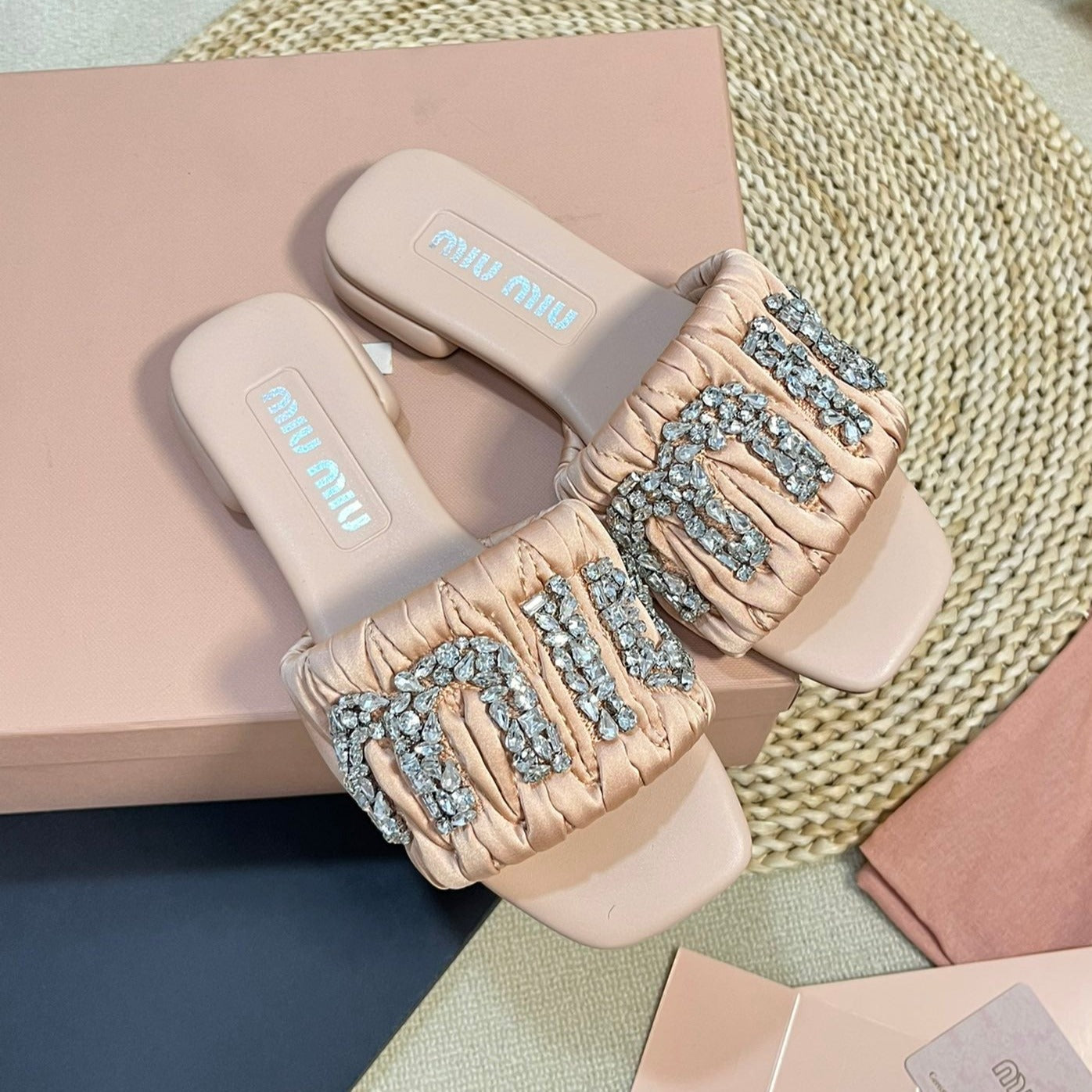 Women's Pastel Pink Leather Diamond Slippers - 35