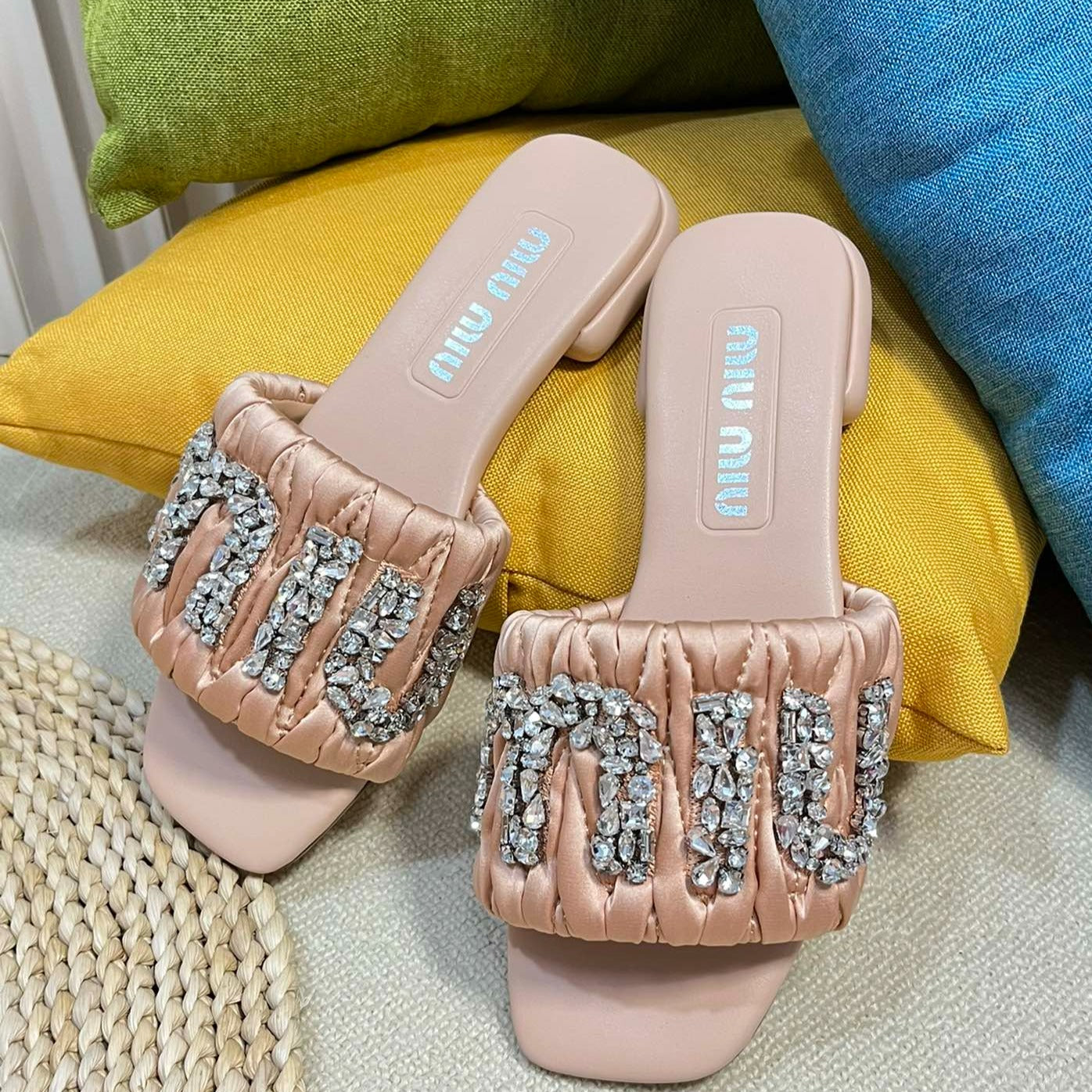 Women's Pastel Pink Leather Diamond Slippers - 35