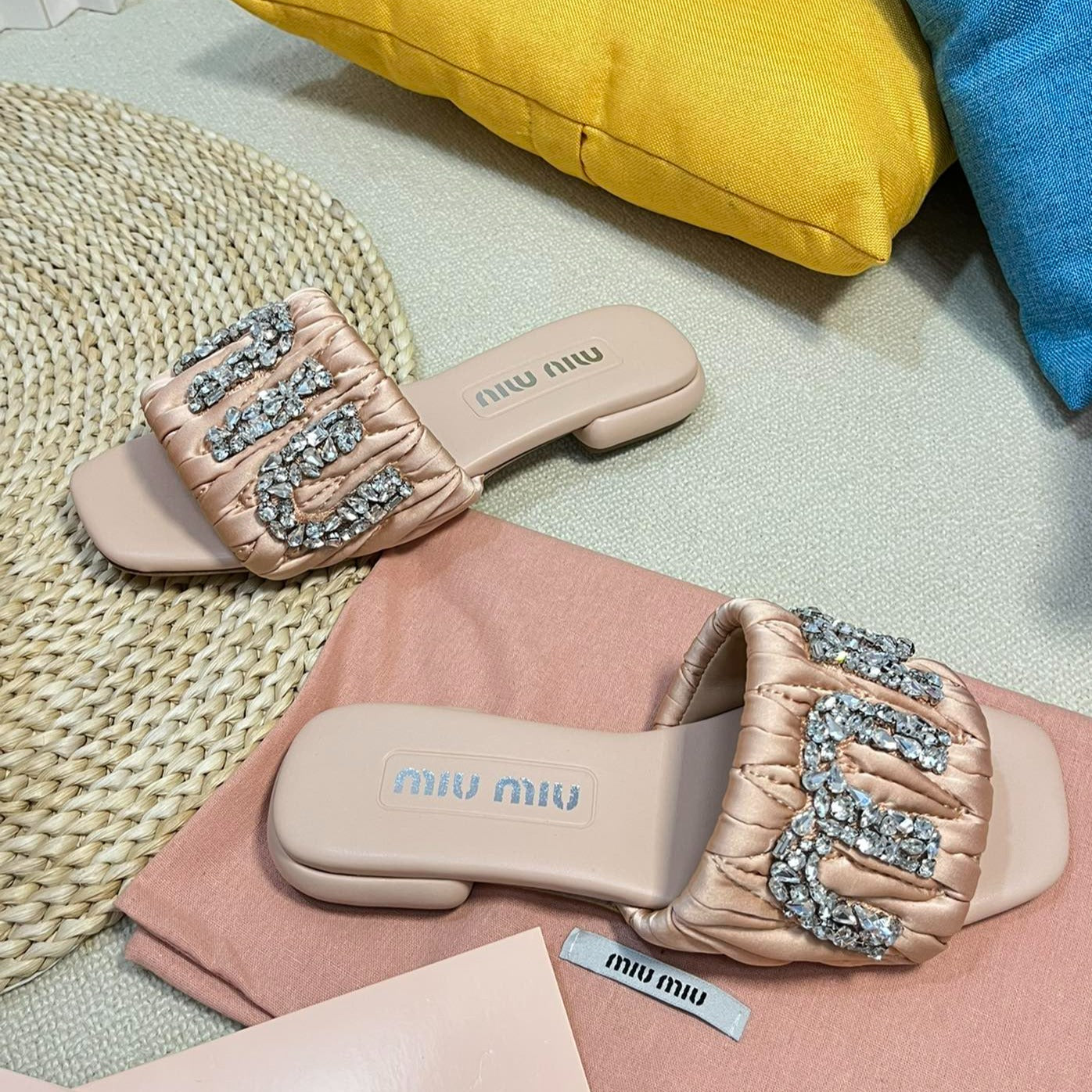 Women's Pastel Pink Leather Diamond Slippers - 35