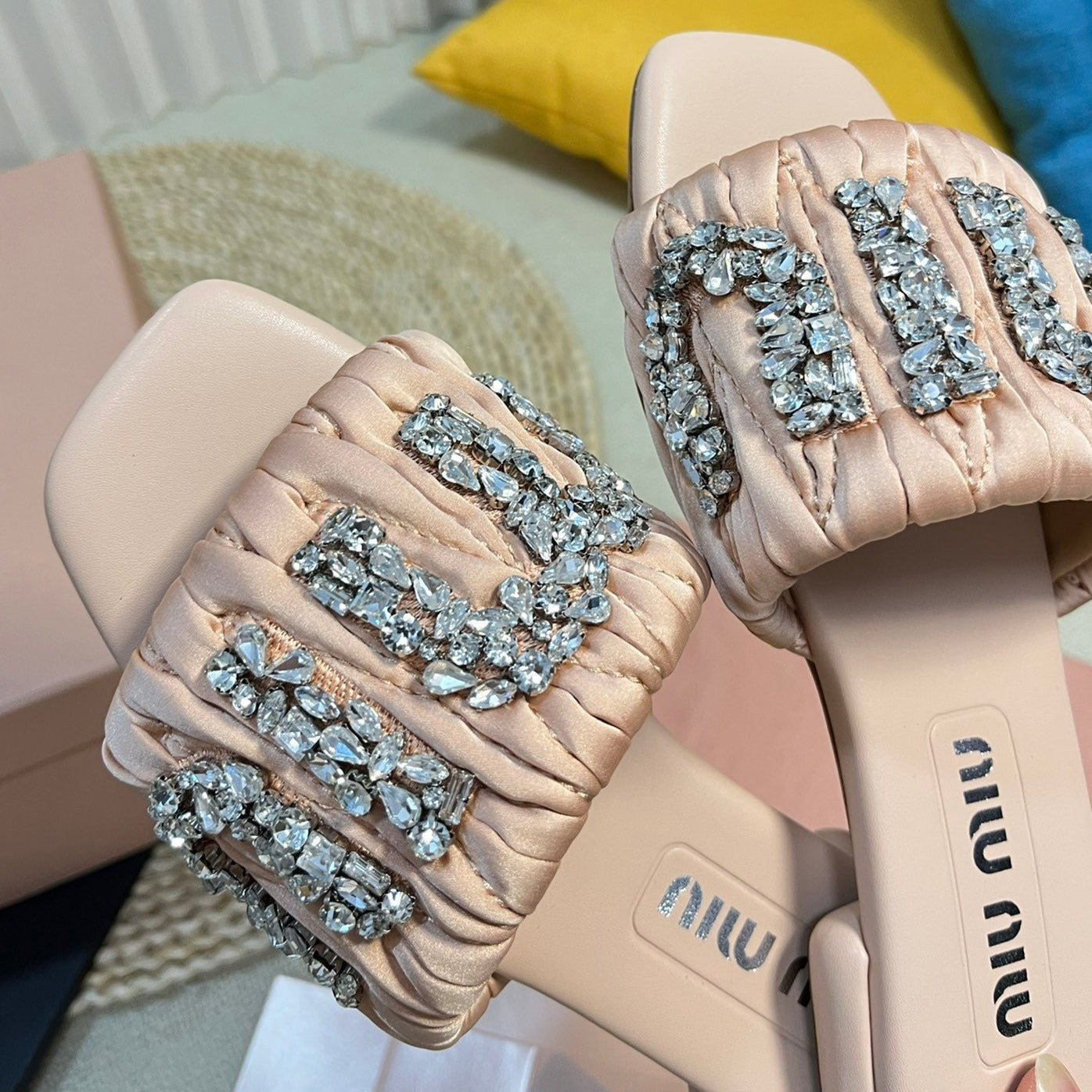 Women's Pastel Pink Leather Diamond Slippers - 35