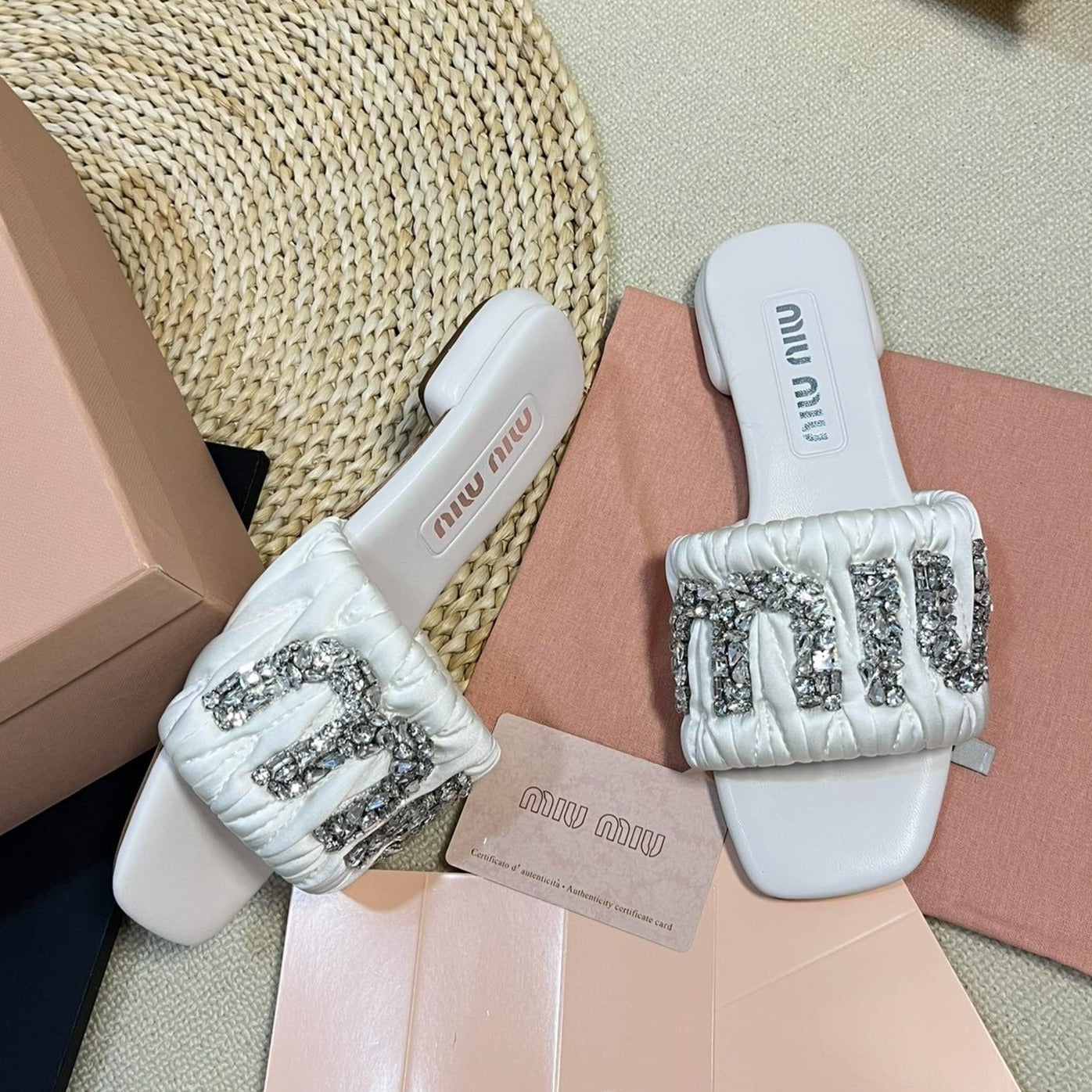 Women's White Leather Diamond Slippers - 35