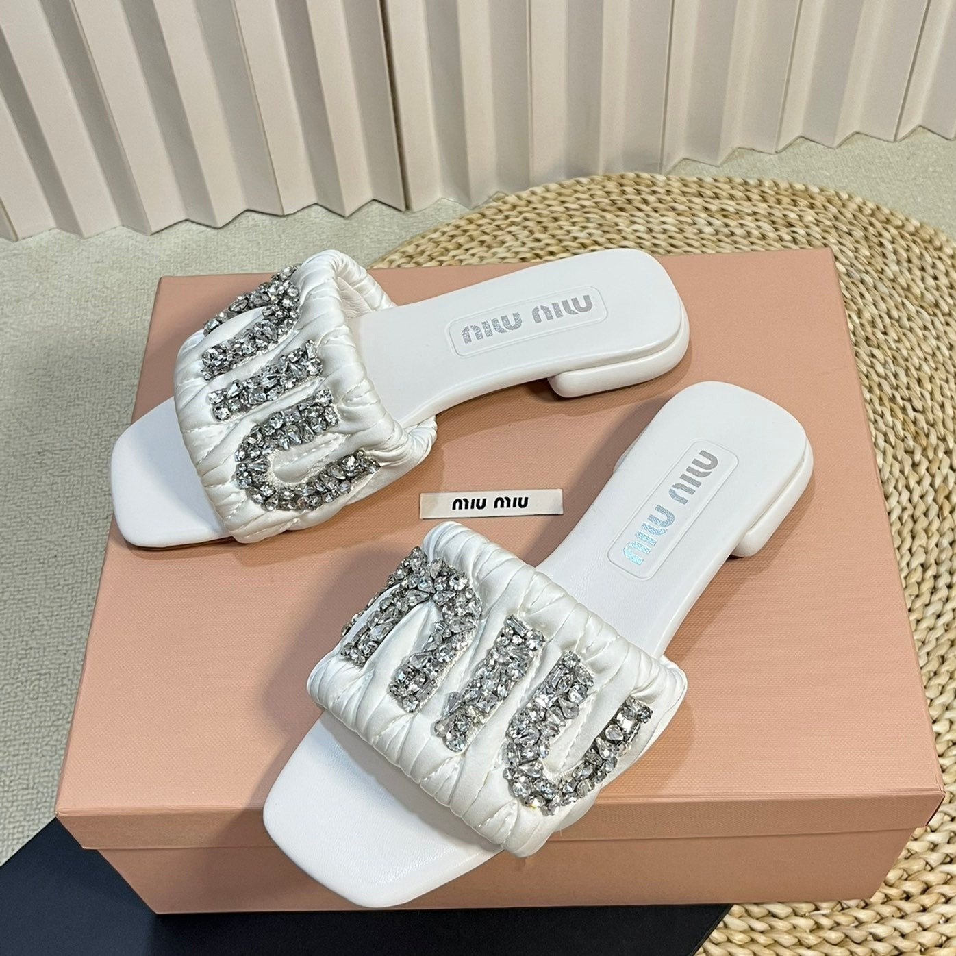 Women's White Leather Diamond Slippers - 35