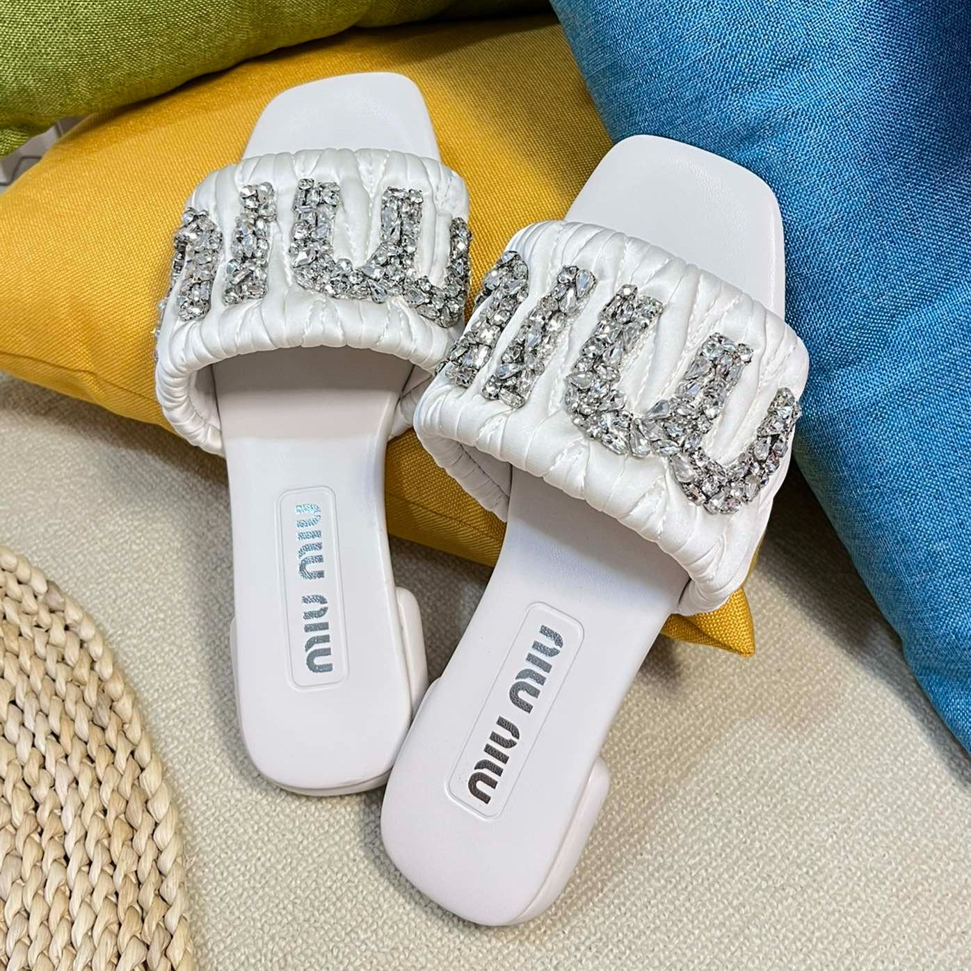Women's White Leather Diamond Slippers - 35