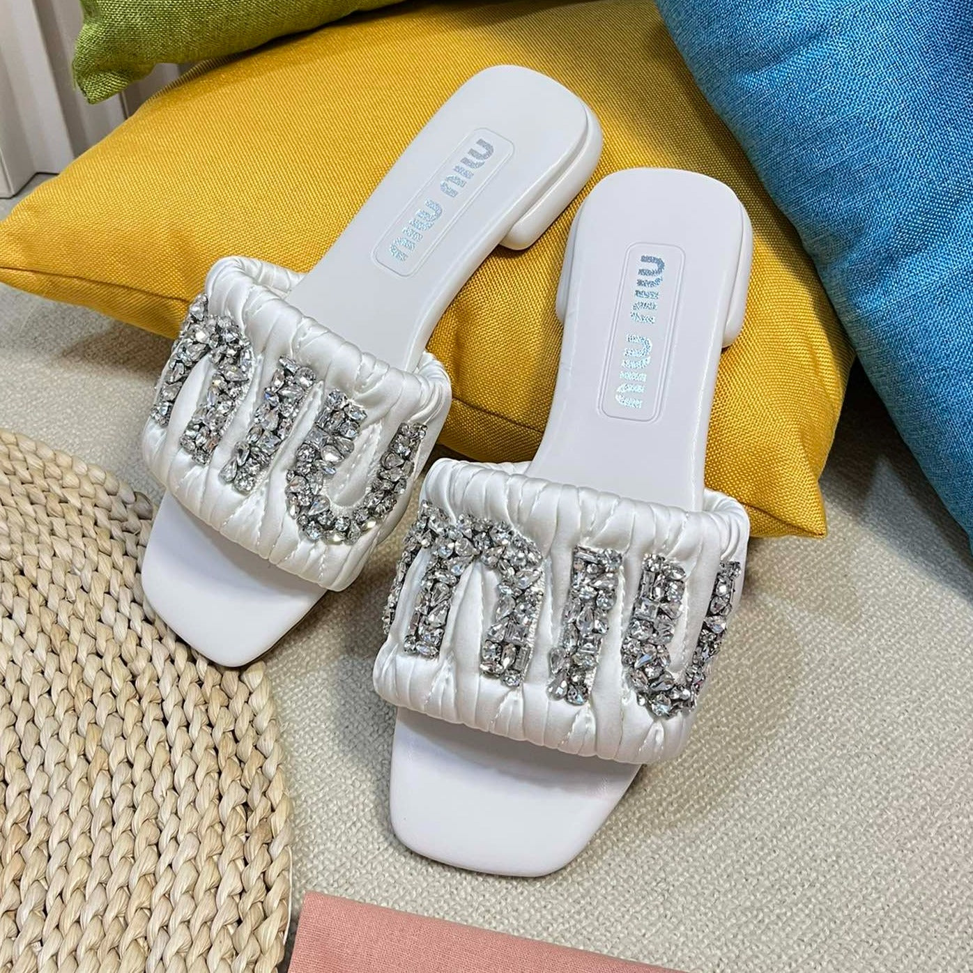 Women's White Leather Diamond Slippers - 35