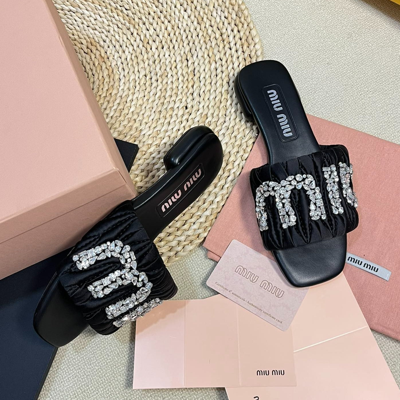 Women's Black Leather Diamond Slippers - 35