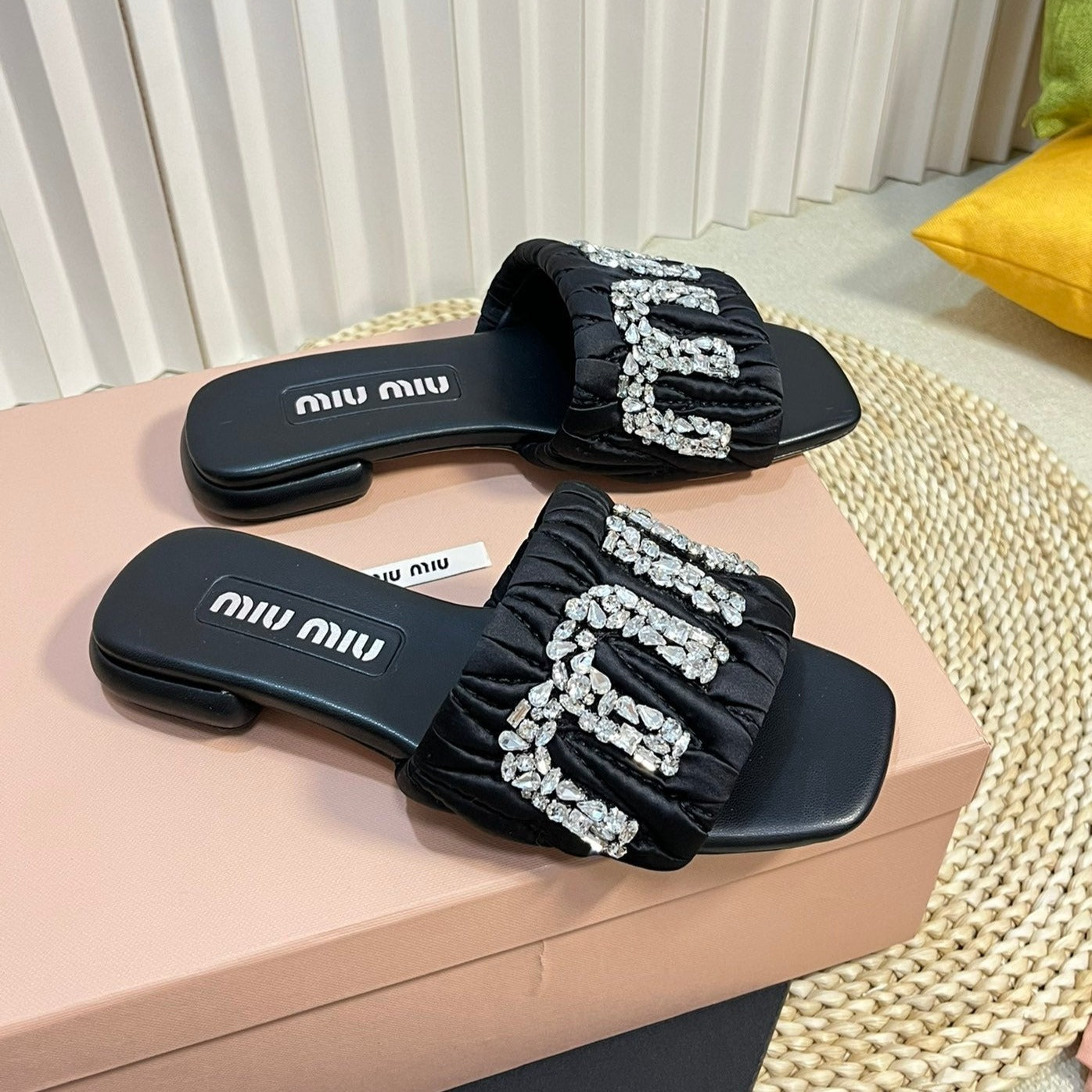 Women's Black Leather Diamond Slippers - 35