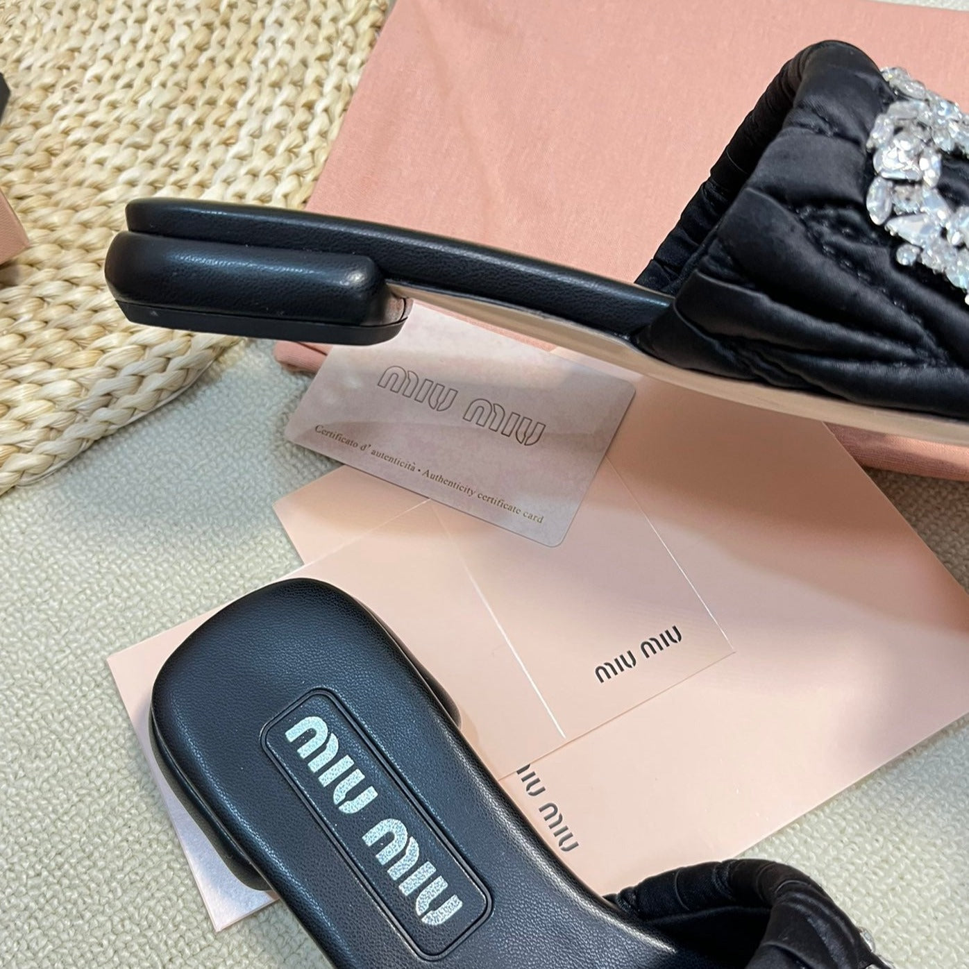 Women's Black Leather Diamond Slippers - 35