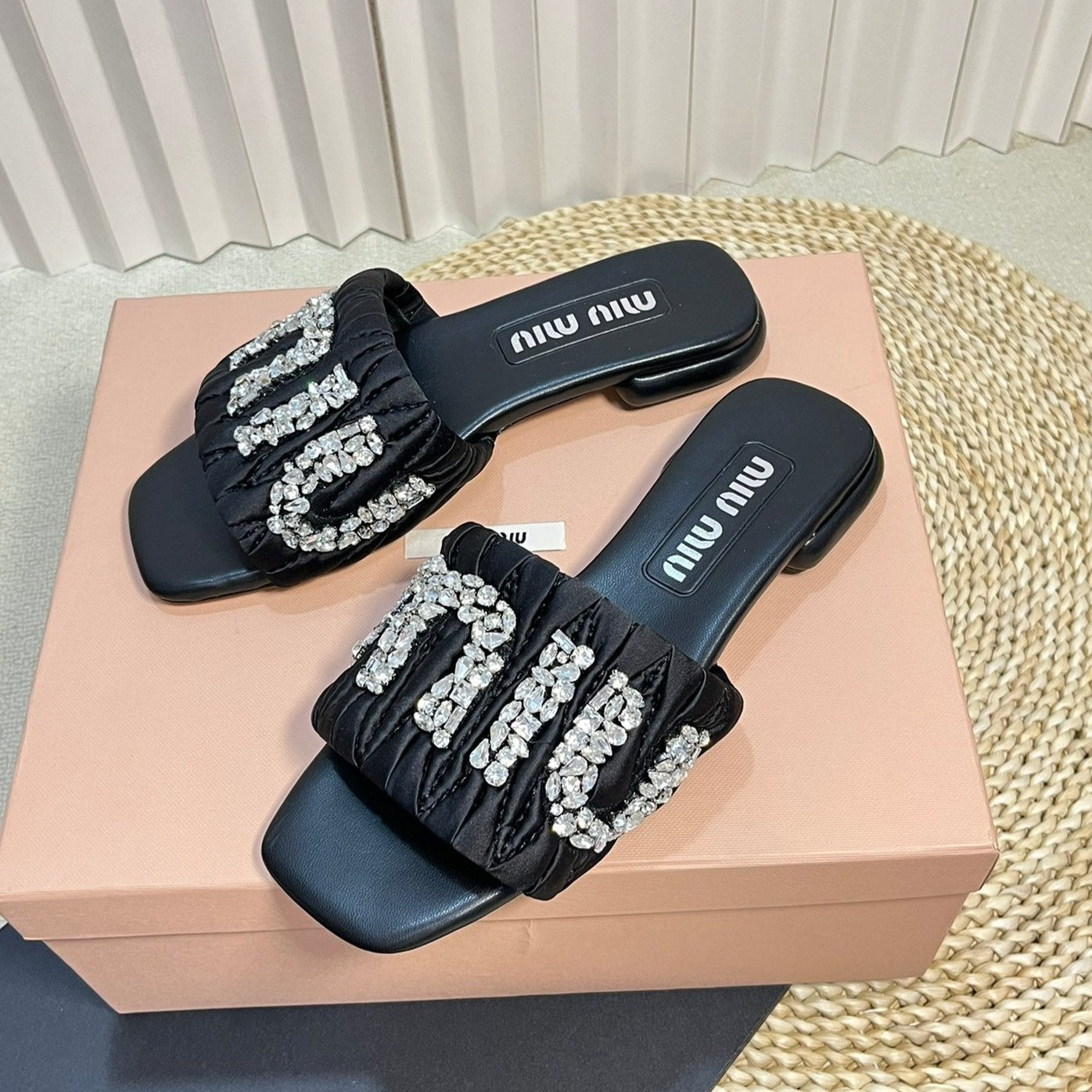 Women's Black Leather Diamond Slippers - 35