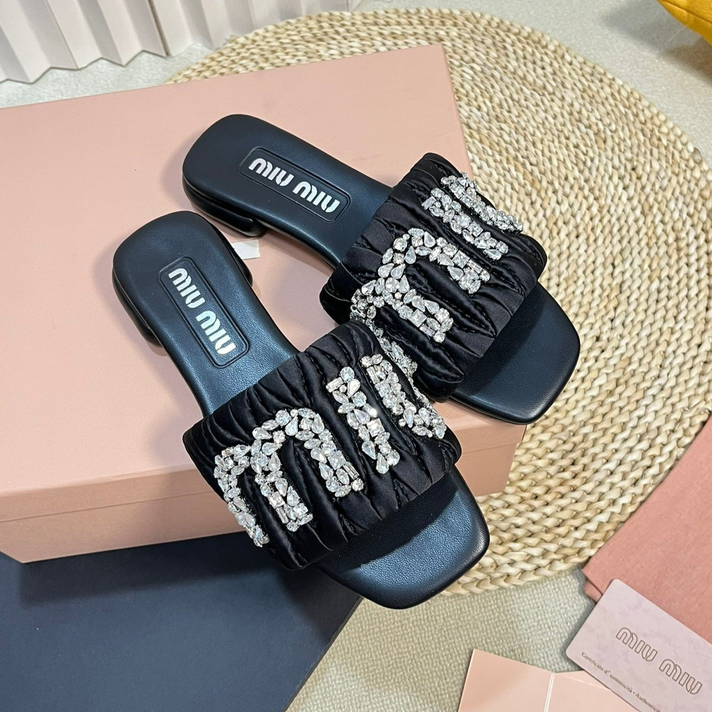 Women's Black Leather Diamond Slippers - 35