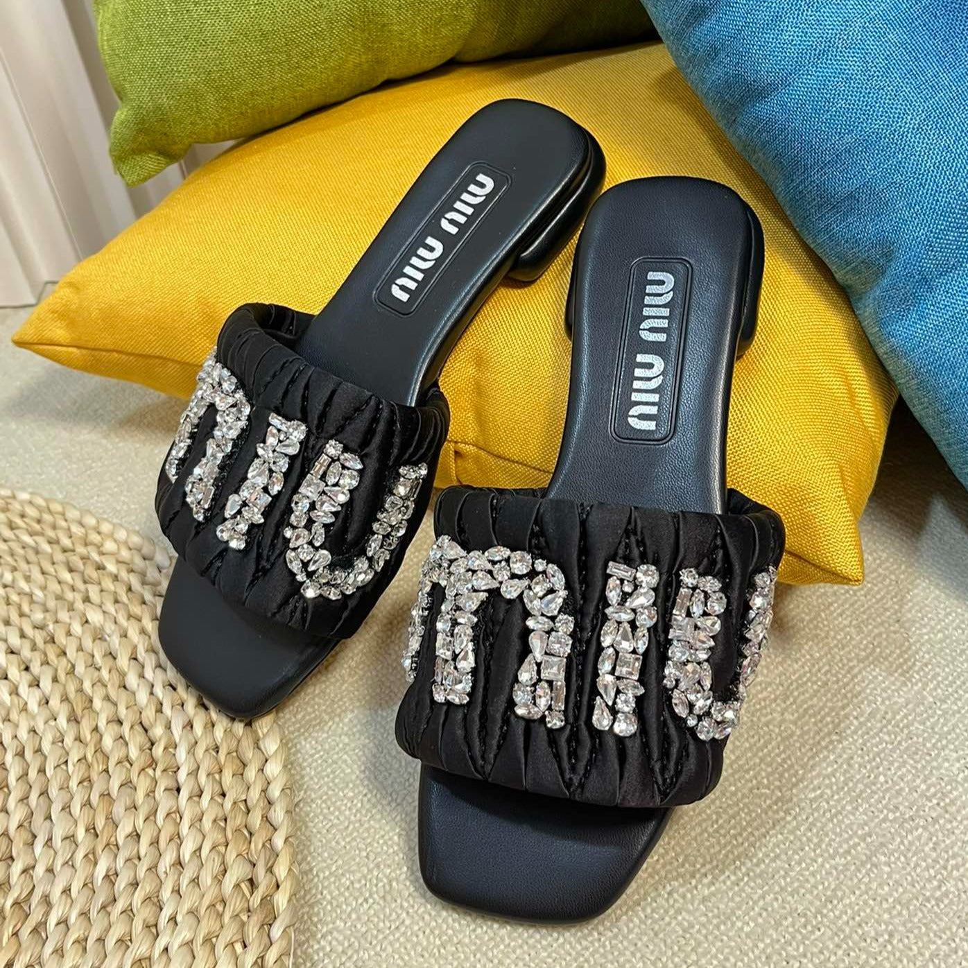 Women's Black Leather Diamond Slippers - 35