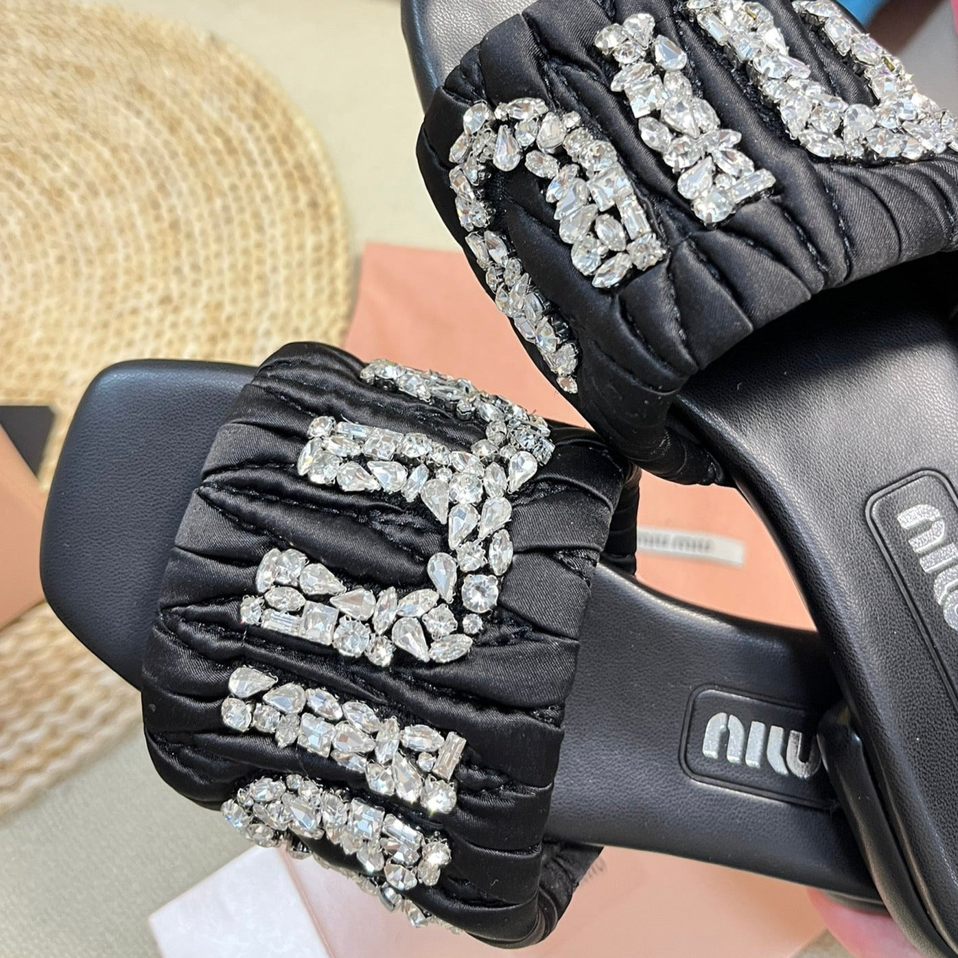 Women's Black Leather Diamond Slippers - 35