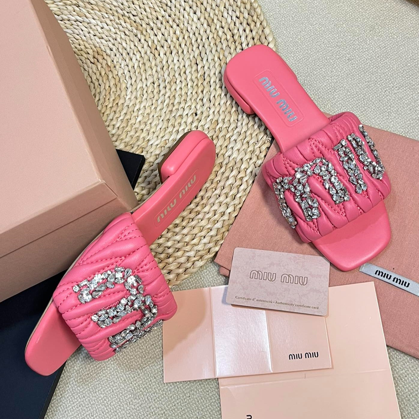 Women's Neon Pink Leather Diamond Slippers - 35