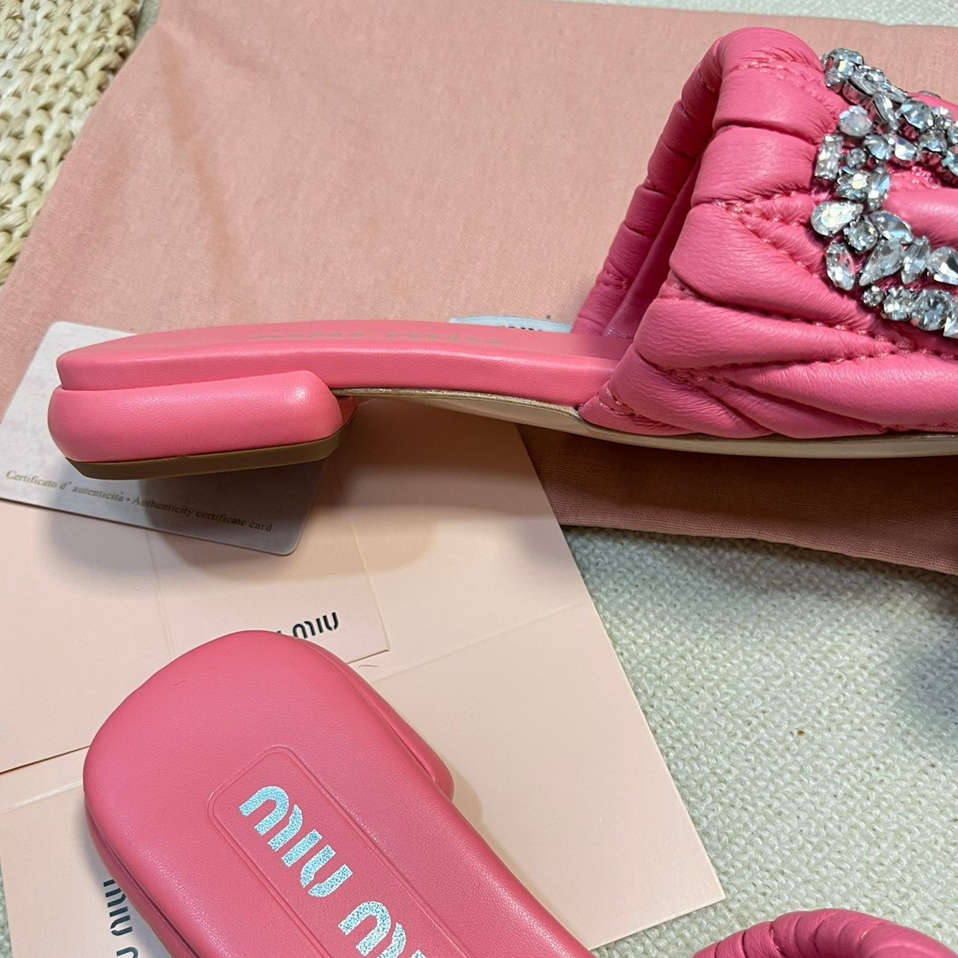 Women's Neon Pink Leather Diamond Slippers - 35