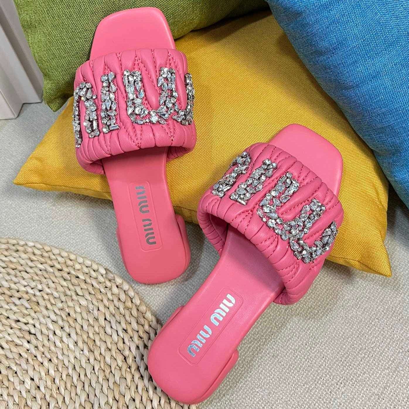 Women's Neon Pink Leather Diamond Slippers - 35