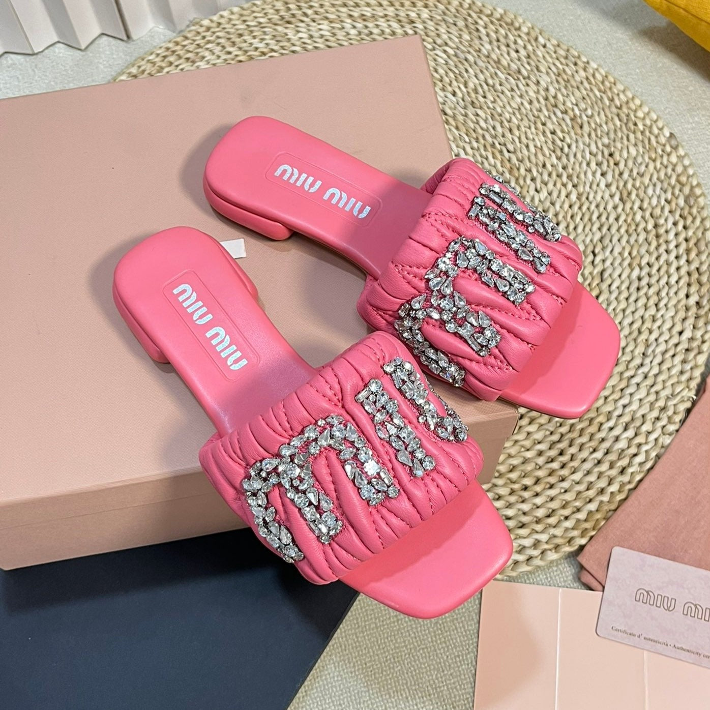 Women's Neon Pink Leather Diamond Slippers - 35