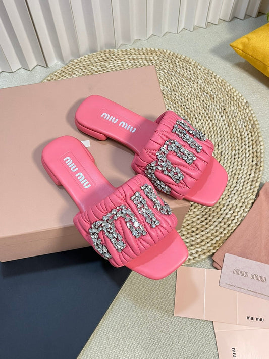 Women's Neon Pink Leather Diamond Slippers - 35