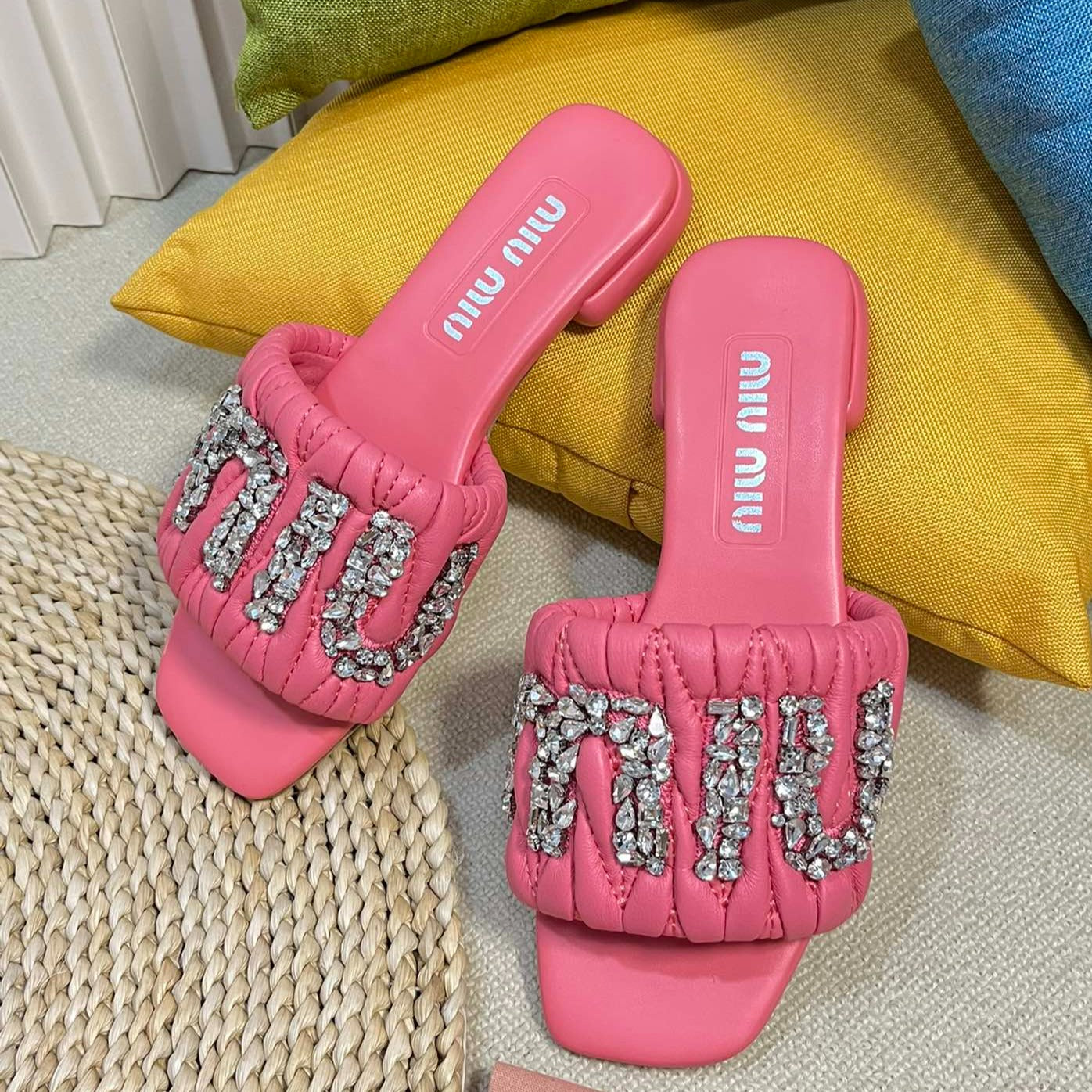 Women's Neon Pink Leather Diamond Slippers - 35