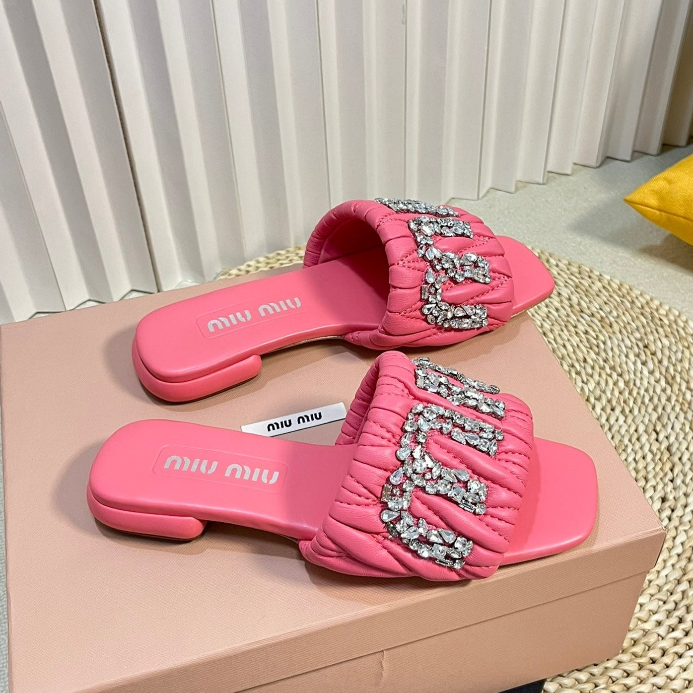Women's Neon Pink Leather Diamond Slippers - 35