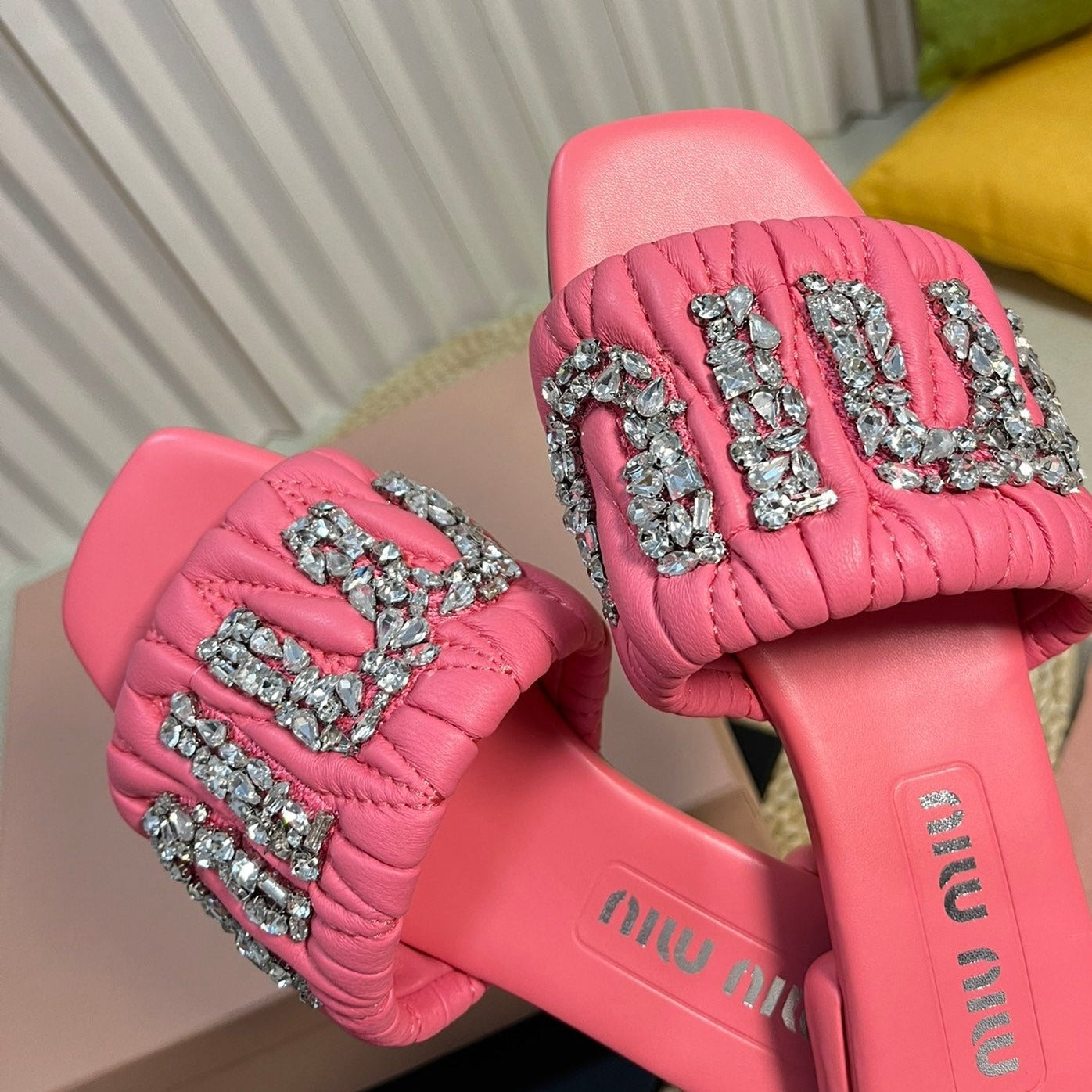 Women's Neon Pink Leather Diamond Slippers - 35