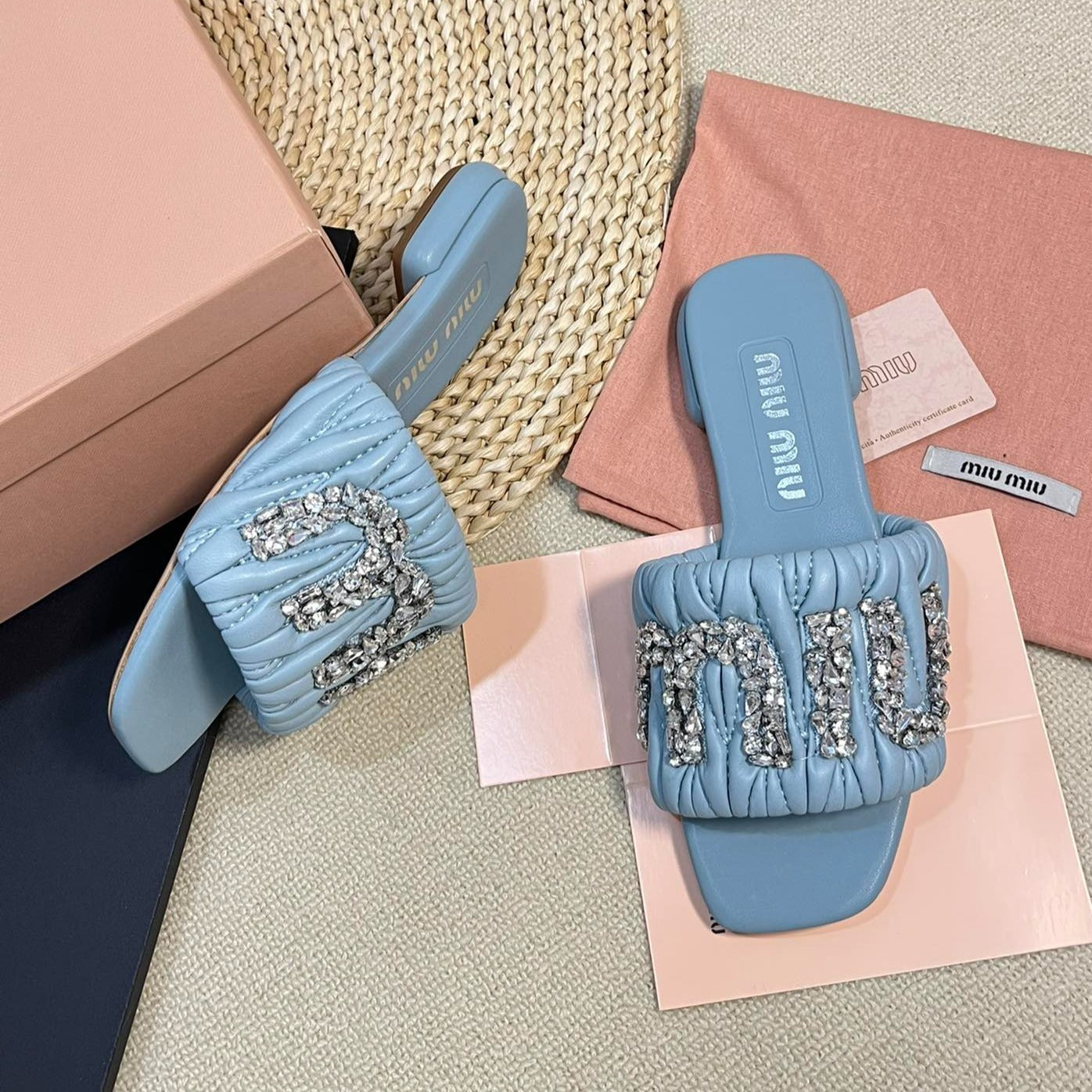 Women's Sky Blue Leather Diamond Slippers - 35