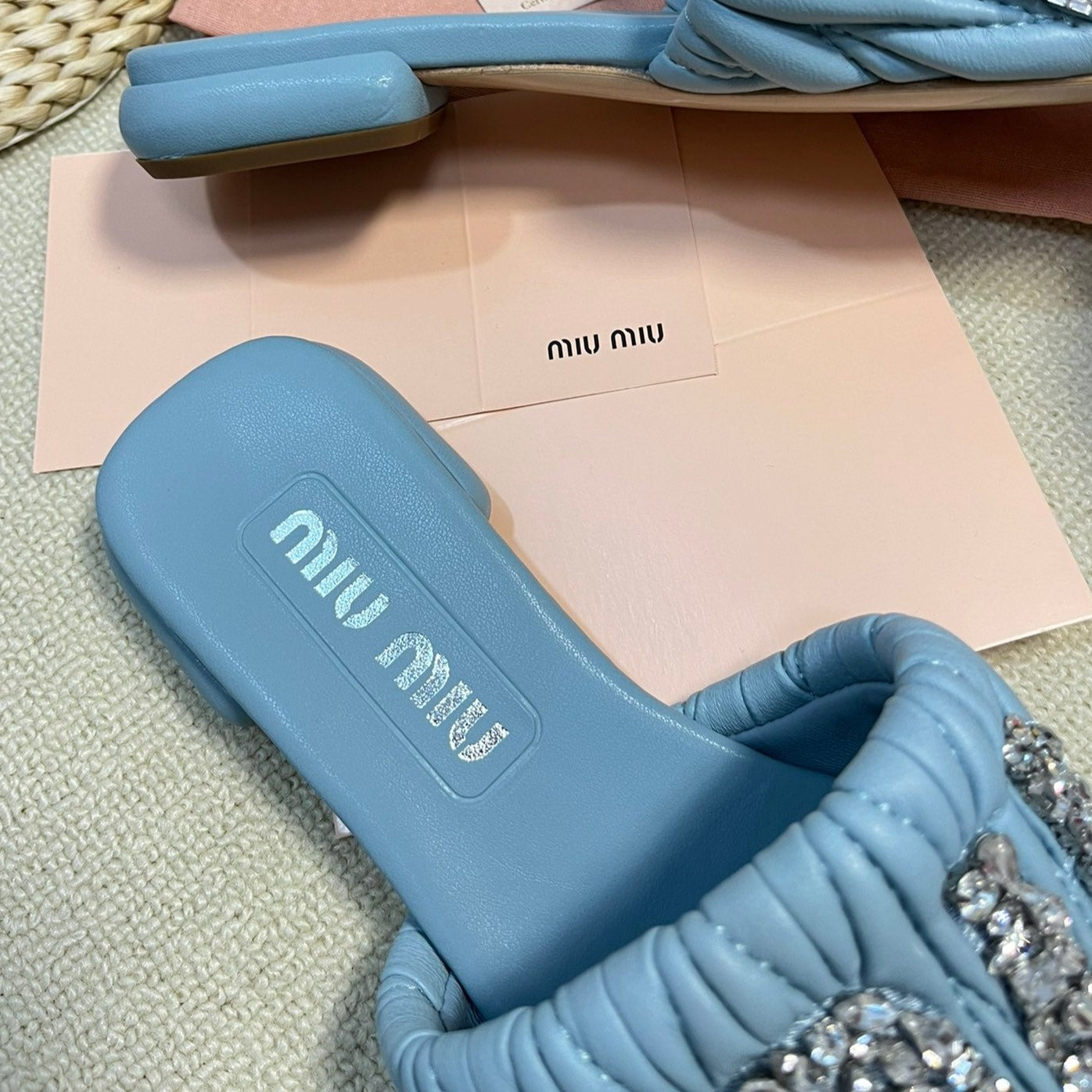 Women's Sky Blue Leather Diamond Slippers - 35