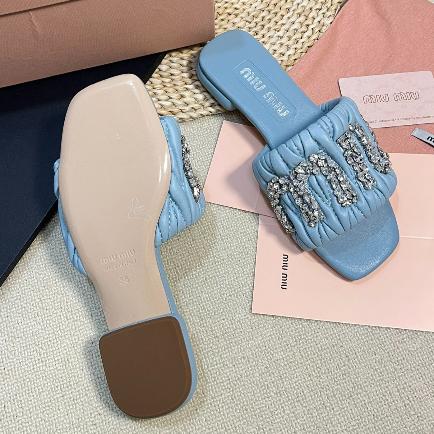 Women's Sky Blue Leather Diamond Slippers - 35