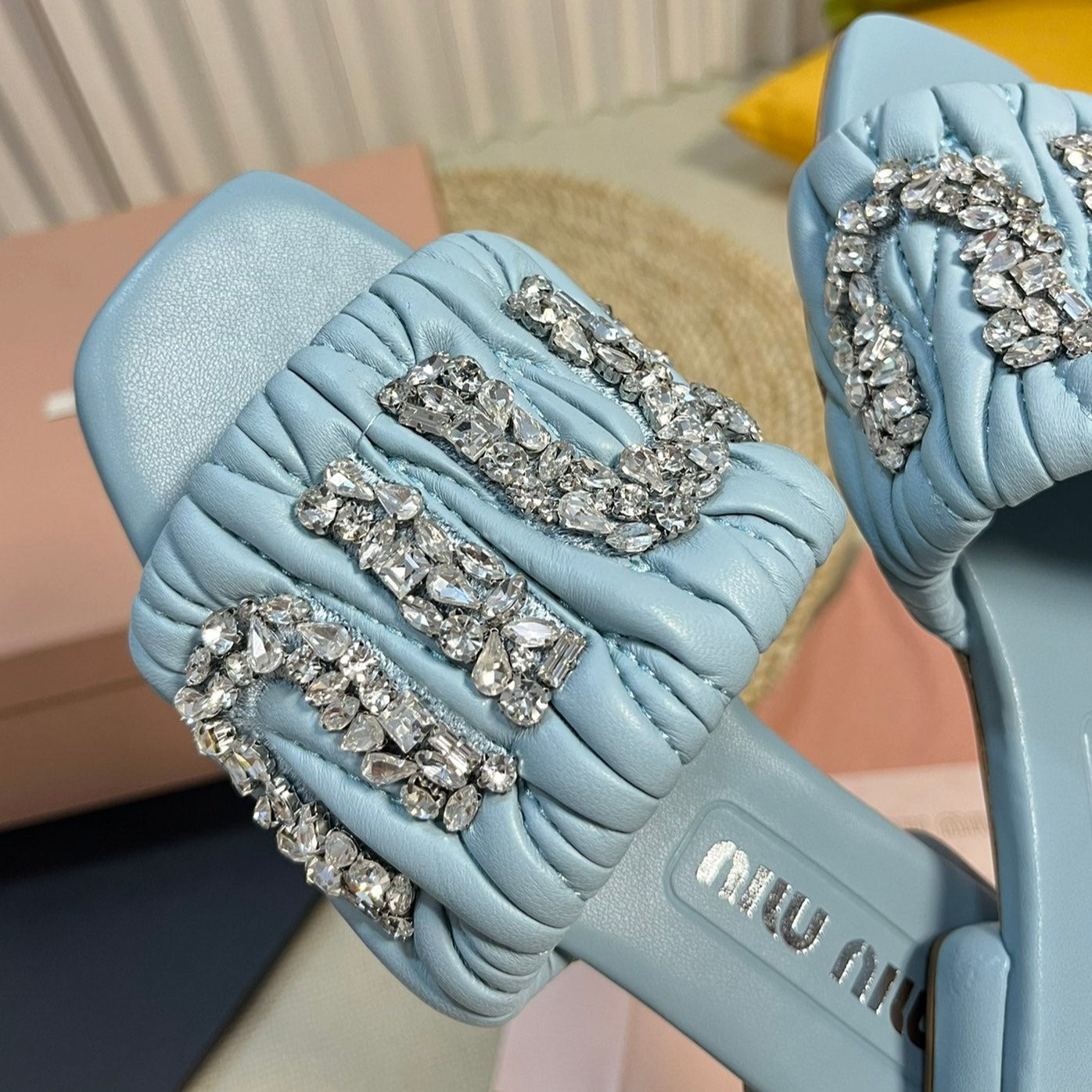 Women's Sky Blue Leather Diamond Slippers - 35