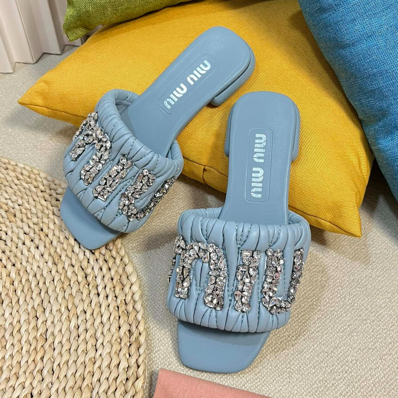 Women's Sky Blue Leather Diamond Slippers - 35