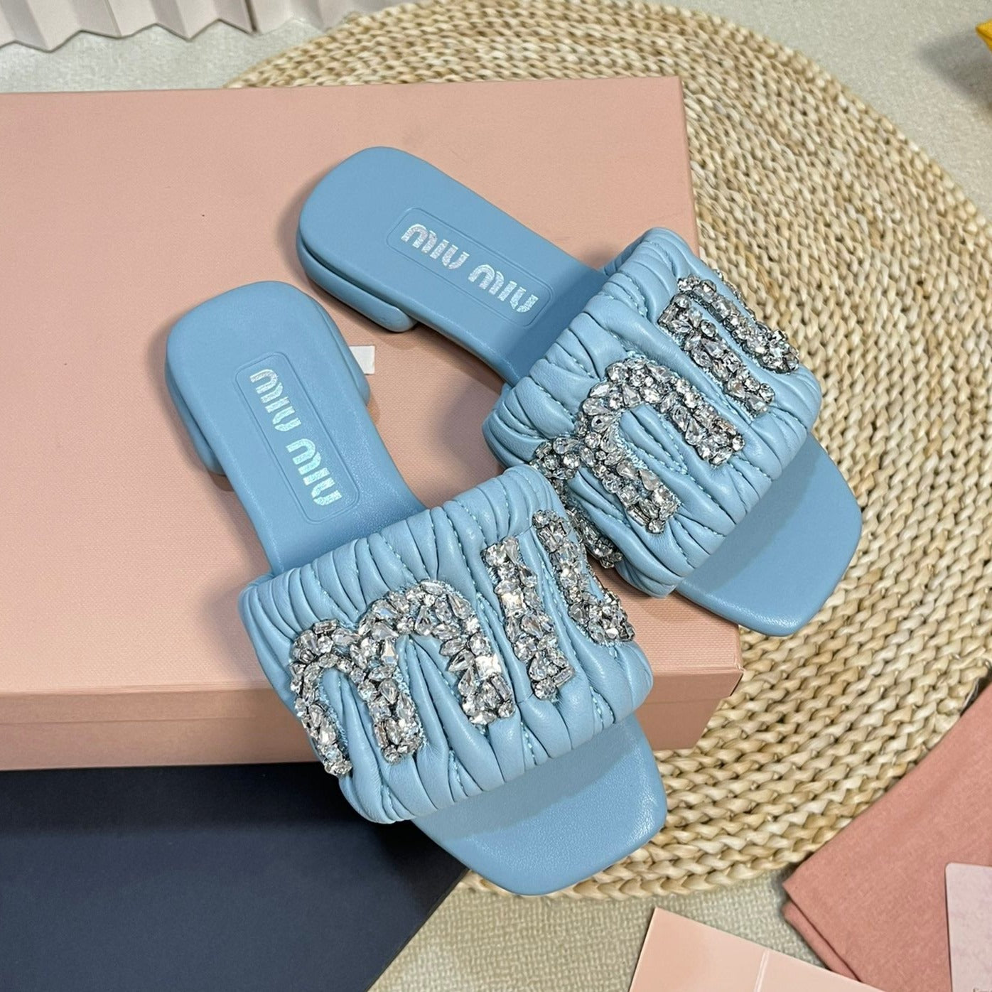 Women's Sky Blue Leather Diamond Slippers - 35