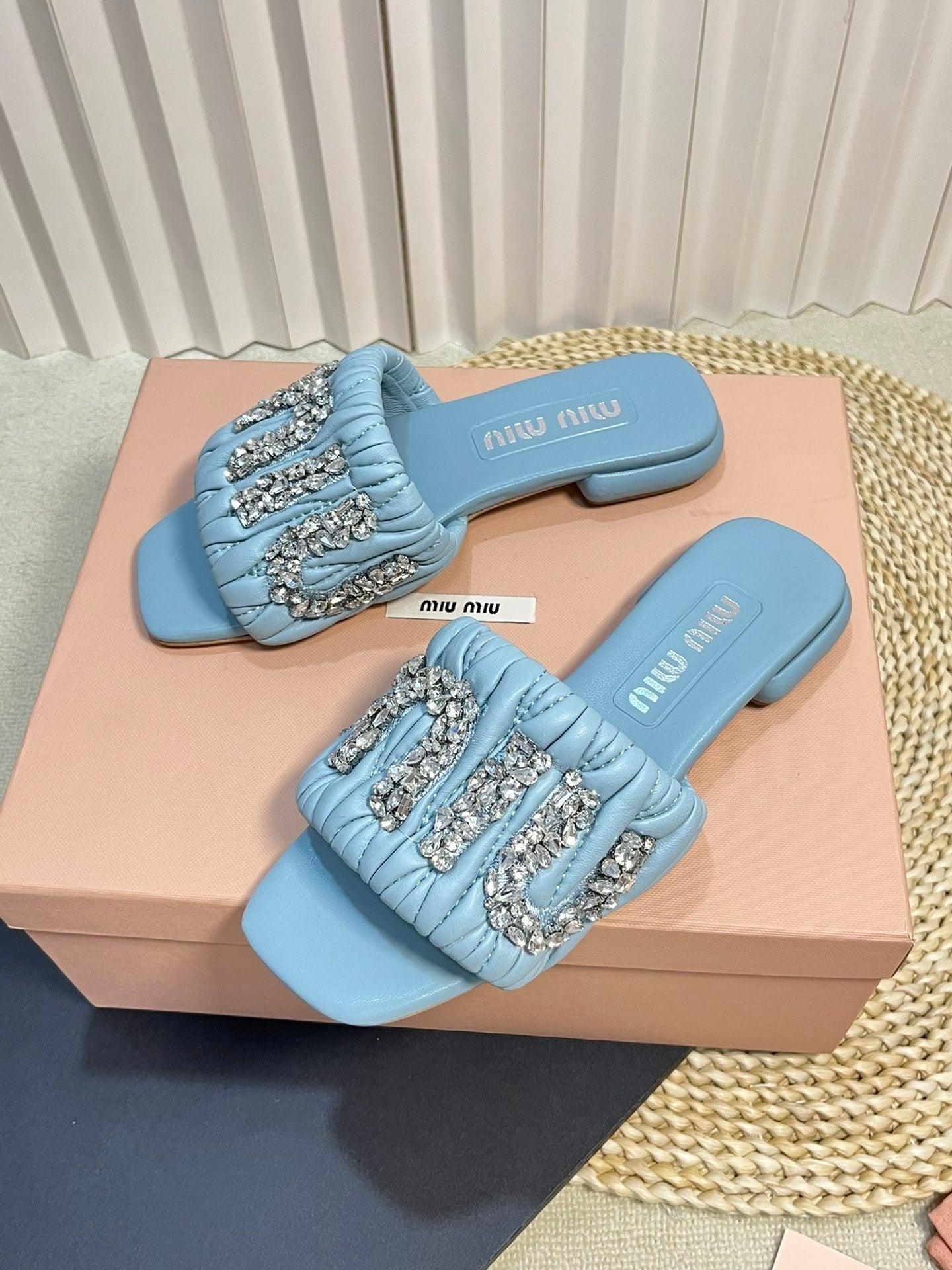 Women's Sky Blue Leather Diamond Slippers - 35
