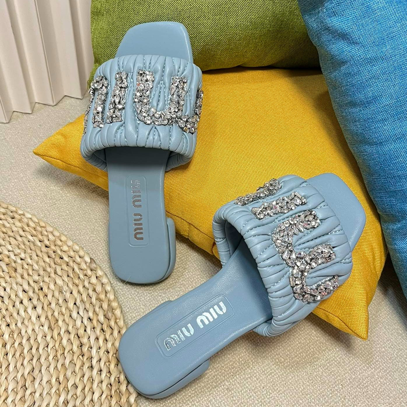 Women's Sky Blue Leather Diamond Slippers - 35