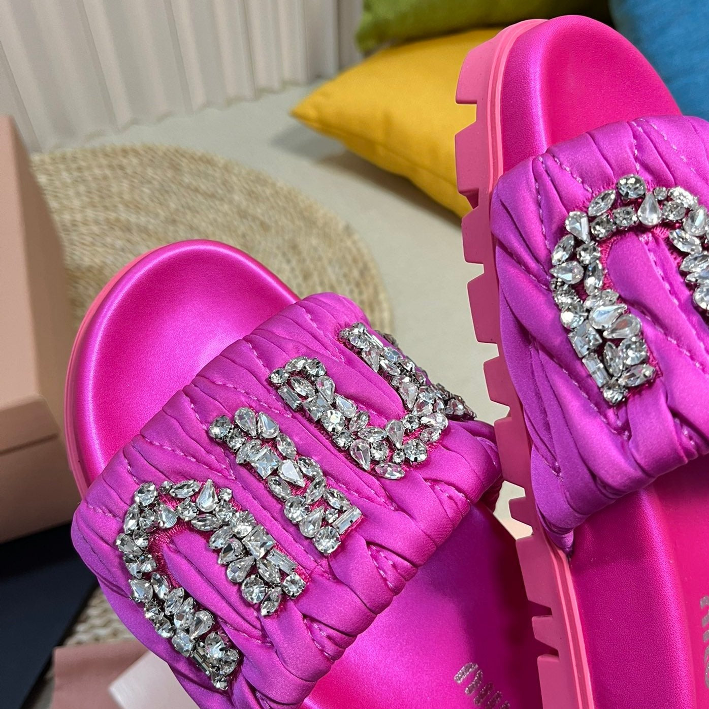 Bright Pink Sheepskin Diamond Slippers - 35
