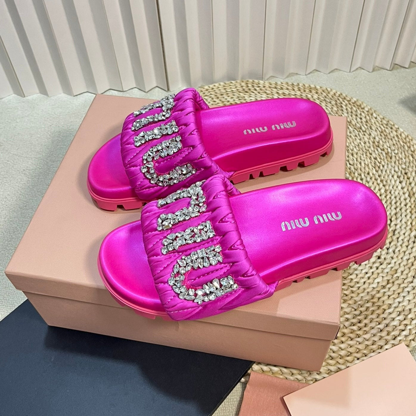 Bright Pink Sheepskin Diamond Slippers - 35