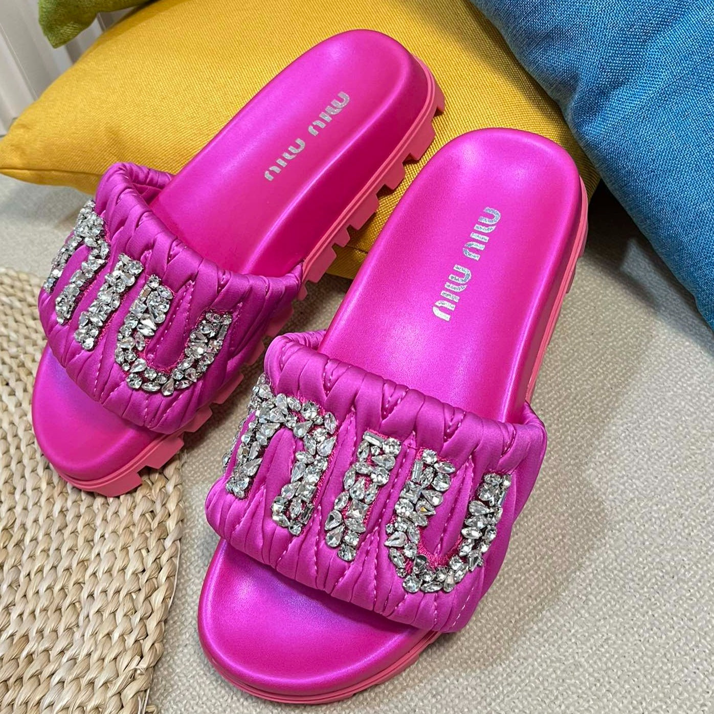 Bright Pink Sheepskin Diamond Slippers - 35