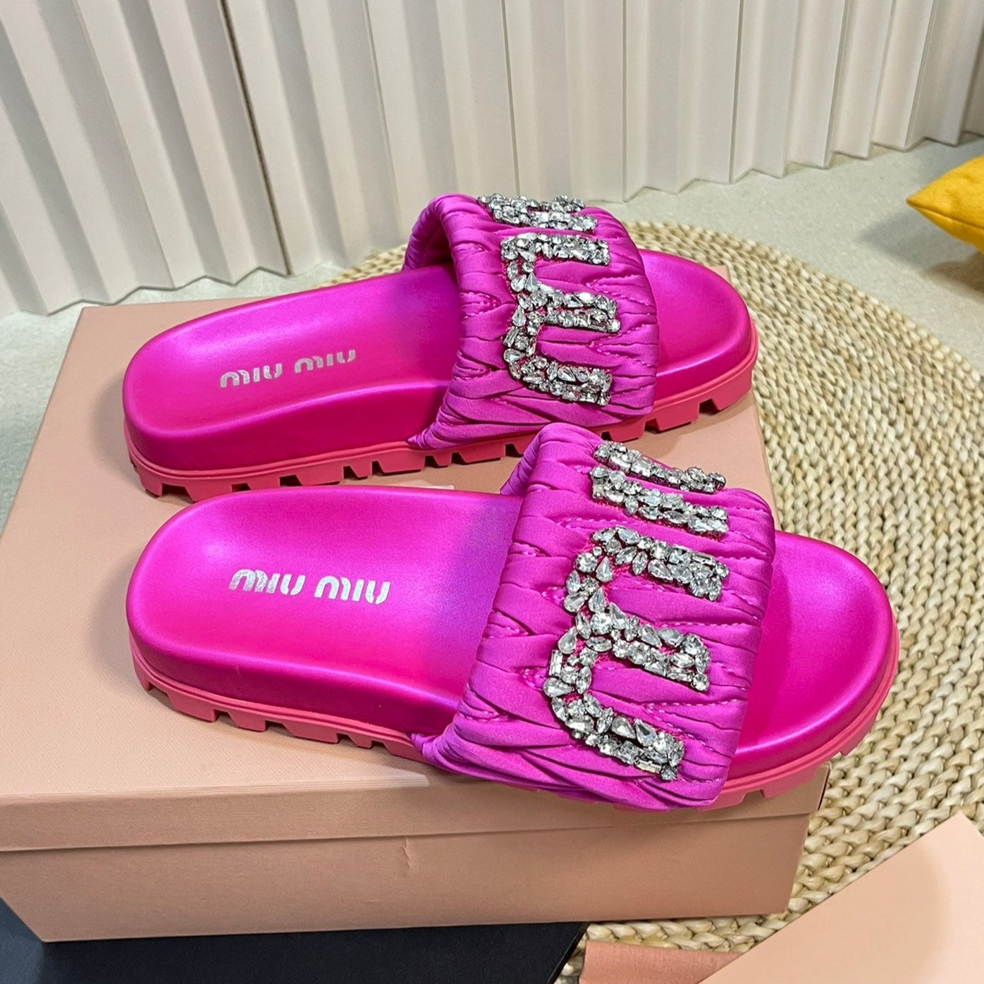Bright Pink Sheepskin Diamond Slippers - 35