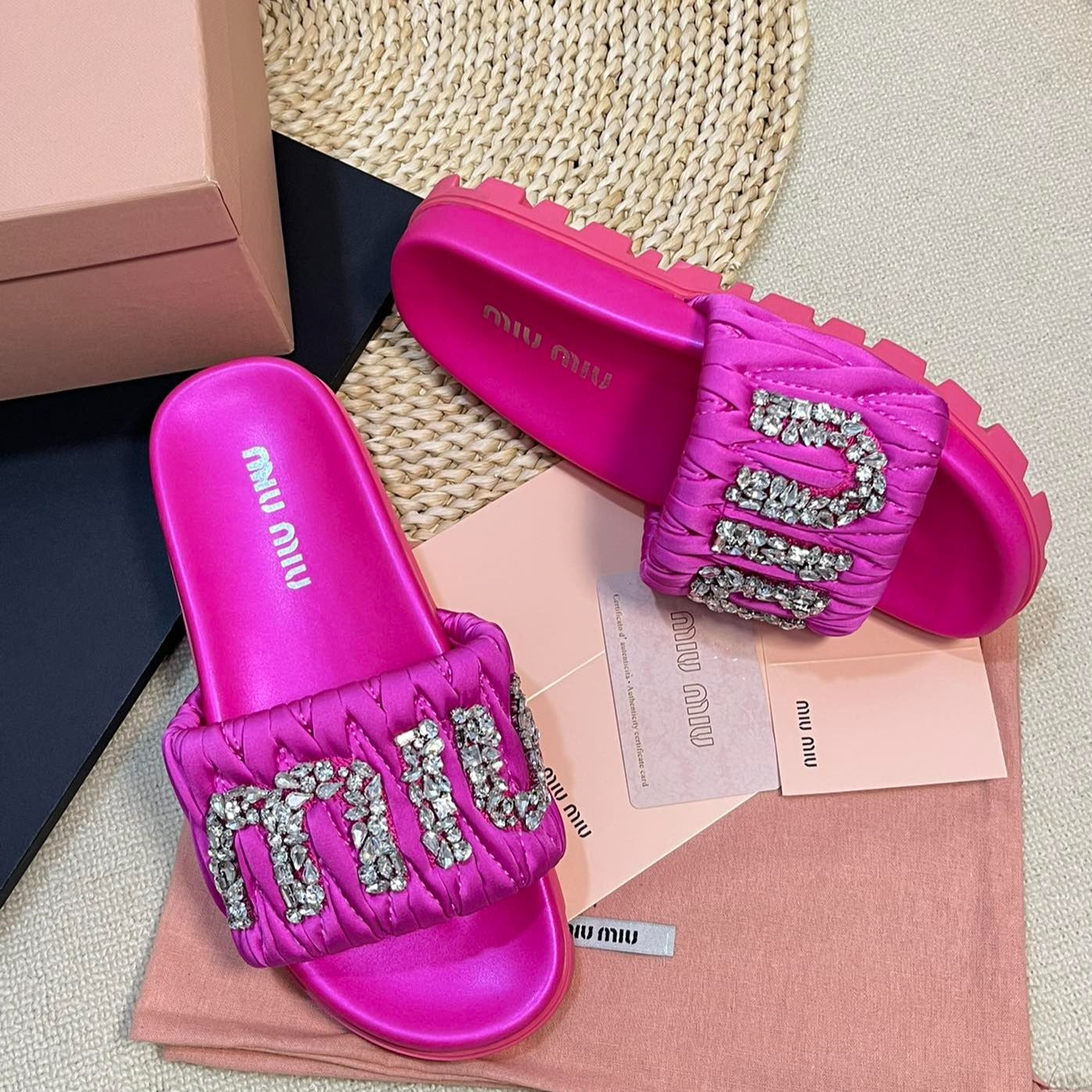 Bright Pink Sheepskin Diamond Slippers - 35