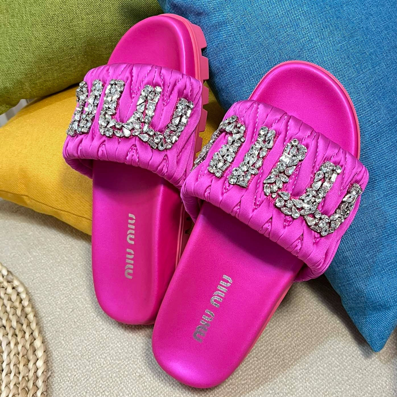 Bright Pink Sheepskin Diamond Slippers - 35