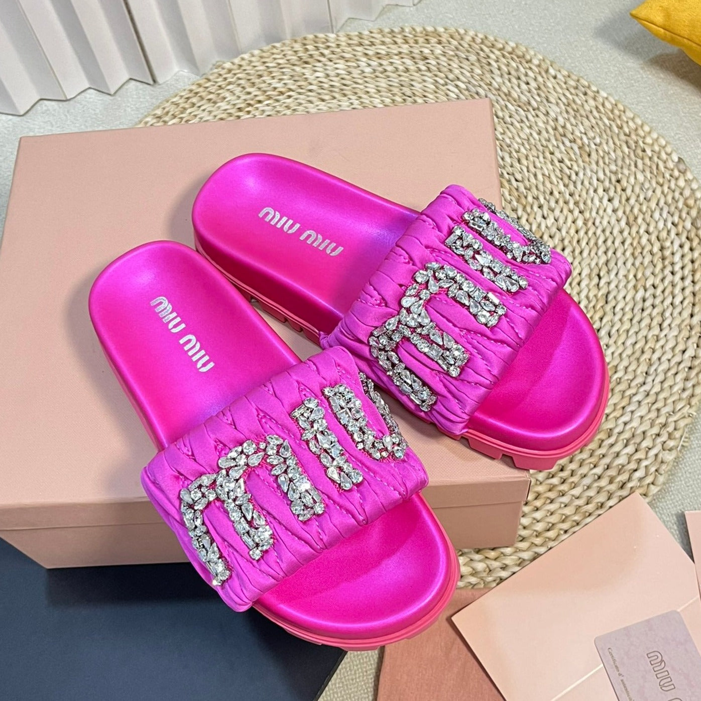Bright Pink Sheepskin Diamond Slippers - 35