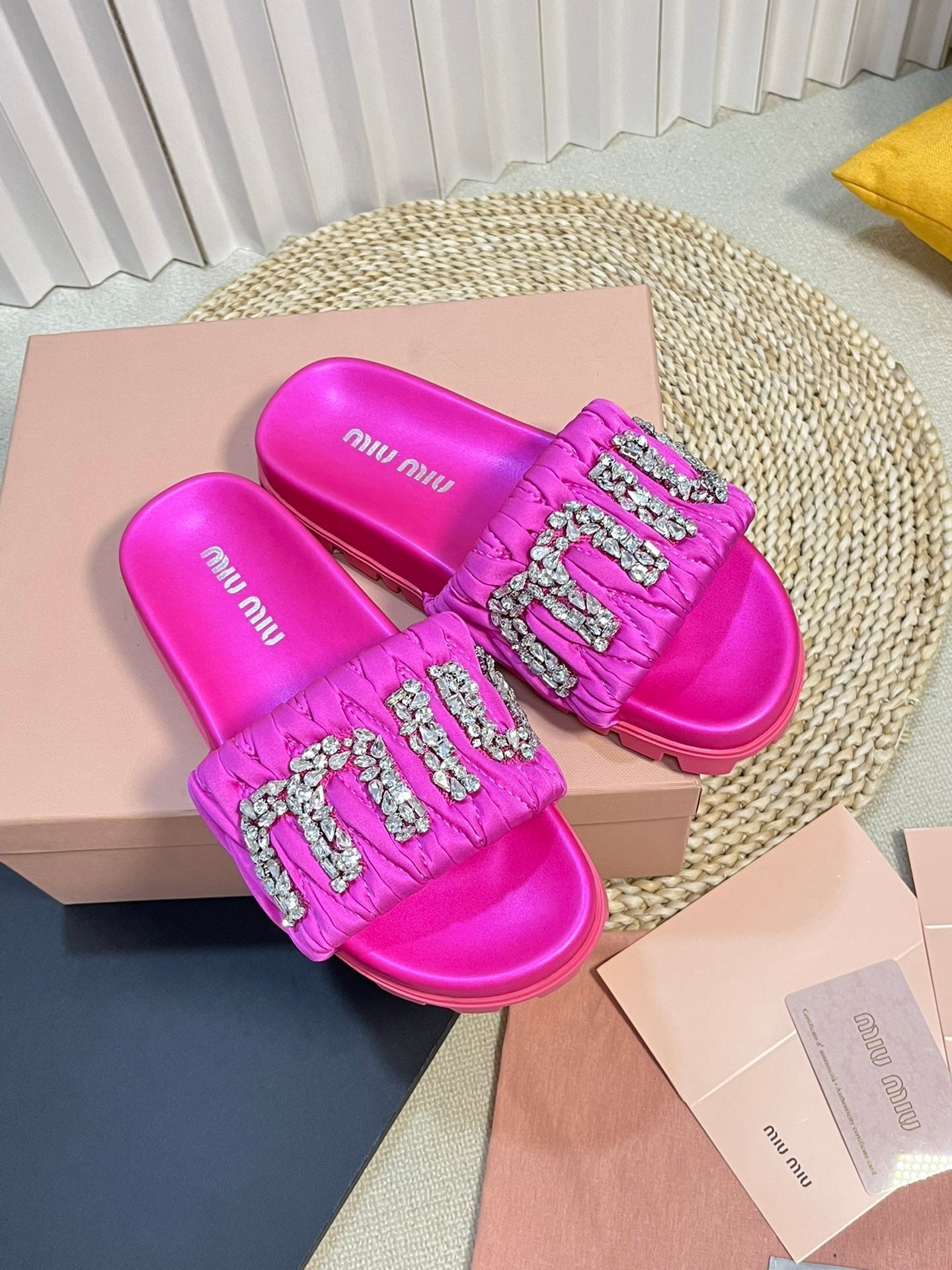 Bright Pink Sheepskin Diamond Slippers - 35