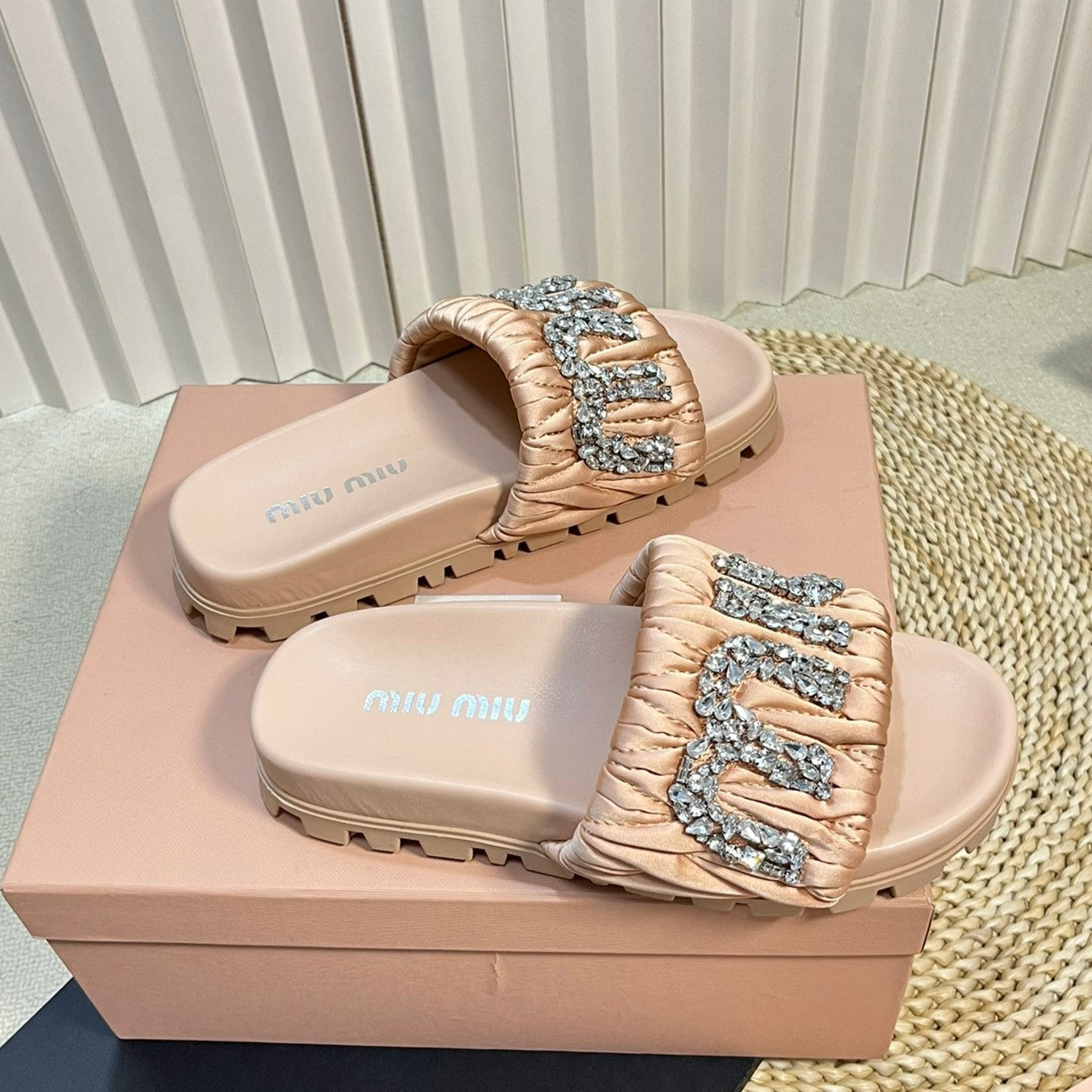 Pastel Pink Sheepskin Diamond Slippers - 35